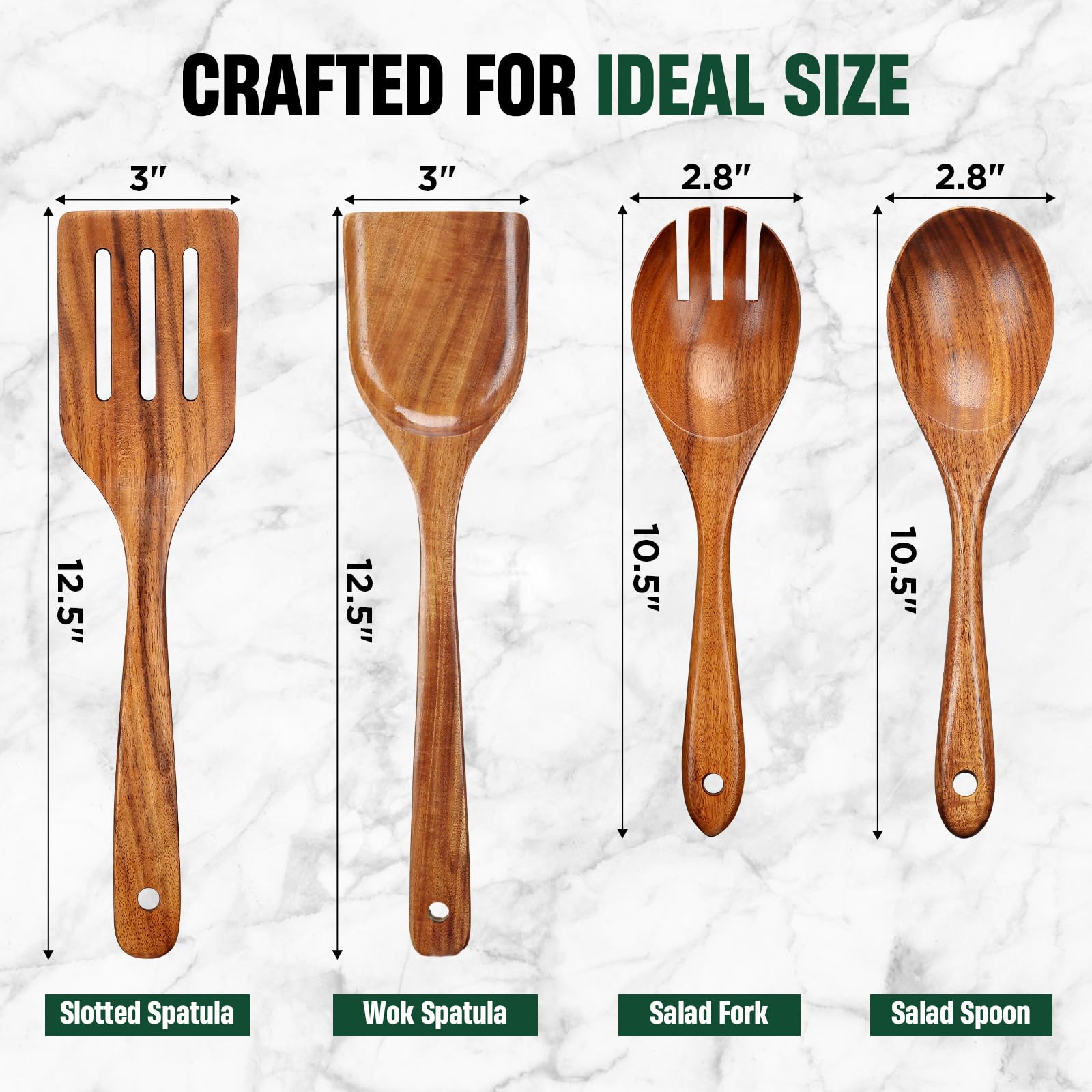 Bkiok Holzlöffel zum Kochen, Küchenutensilien-Set aus natürlichem Teakholz, für antihaftbeschichtete Pfannen, hitzebeständiger Holzspatel und Salatgabel (4-teiliges Set)