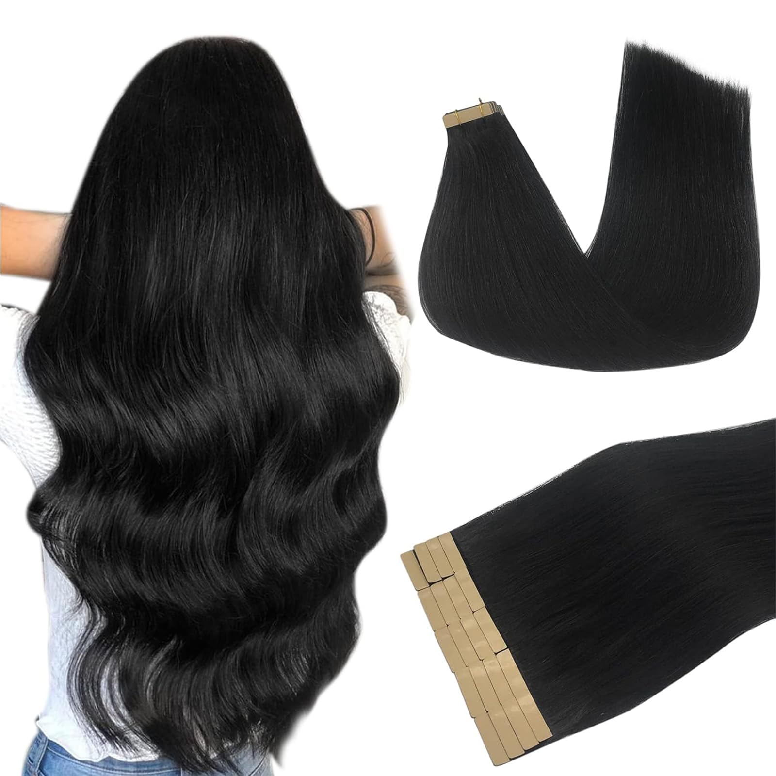 DOORES Tape in Hair Extensions Human Hair, 18 Inch 50g 20pcs Jet Black, Human Hair Extensions Tape in Remy
