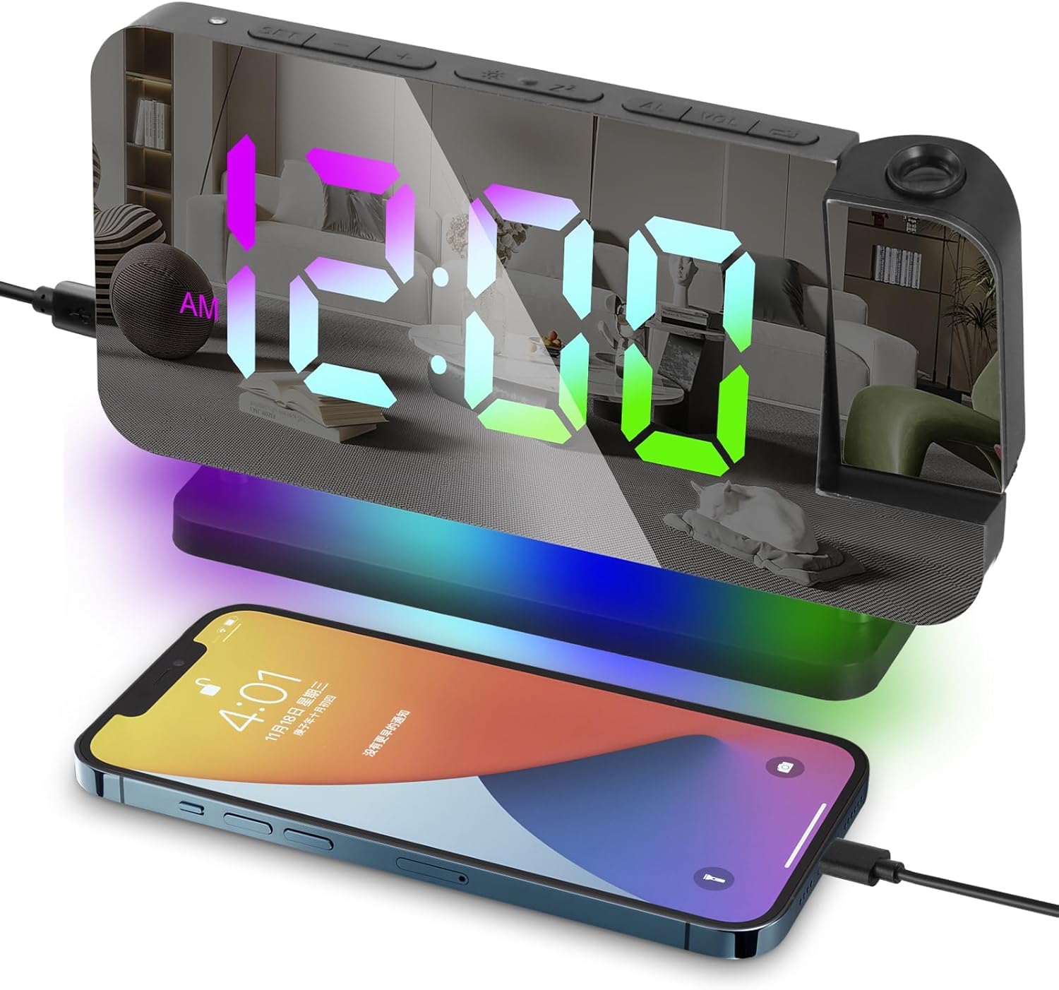 Sveglia di Proiezione, Orologio Digitale con Proiettore Proiettore Rotante a 180°, Display Digitale 11 Colori, Luce Notturna RGB a 10 Colori, Dimmerabile, Volume, Snooze, per Camera da Letto