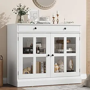 GarveeHome 35.4" Sideboard Buffet Cabinets with Glass Door, Buffet Cabinet with Storage, White Sideboard Cabinet with Drawer, Modern Buffets & Sideboards for Dining Room, Kitchen