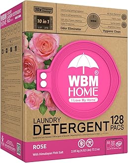 WBM W Home 5-in-1 Laundry Pods, Total 128 Count, High Efficiency, Ultra Concentrate with Powerful Stain Lifter Technology, Fabric Softener With Rose Extracts, Detergent Pods, 32 Count/Each (Pack of 4)