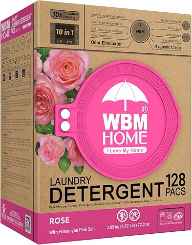 WBM Cápsulas de lavandería 10 en 1, total de 128 unidades, alta eficiencia, ultra concentrado con potente tecnología de levantador de manchas,