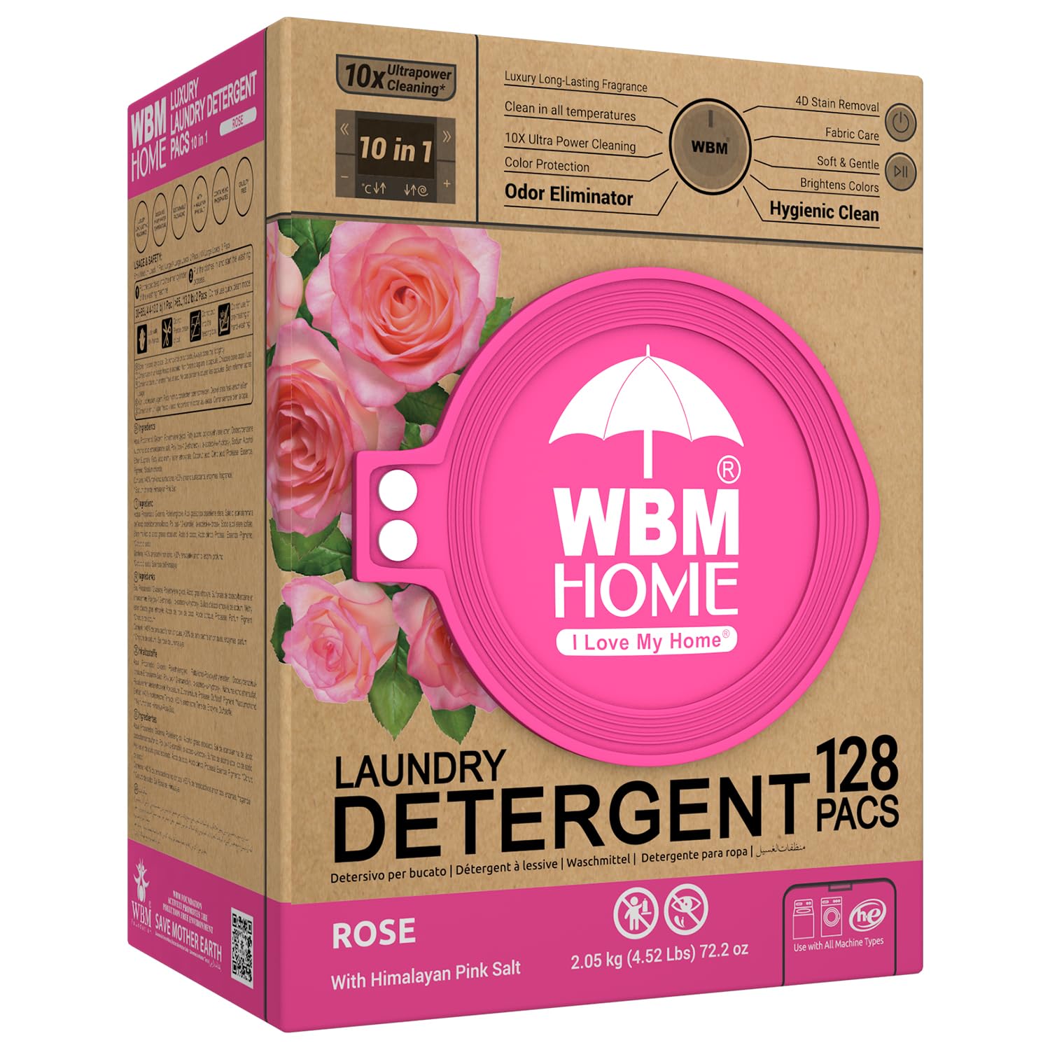 WBM 10-in-1 Laundry Pods, Total 128 Count, High Efficiency, Ultra Concentrate with Powerful Stain Lifter Technology, Fabric Softener With Rose Extracts, Detergent Pods