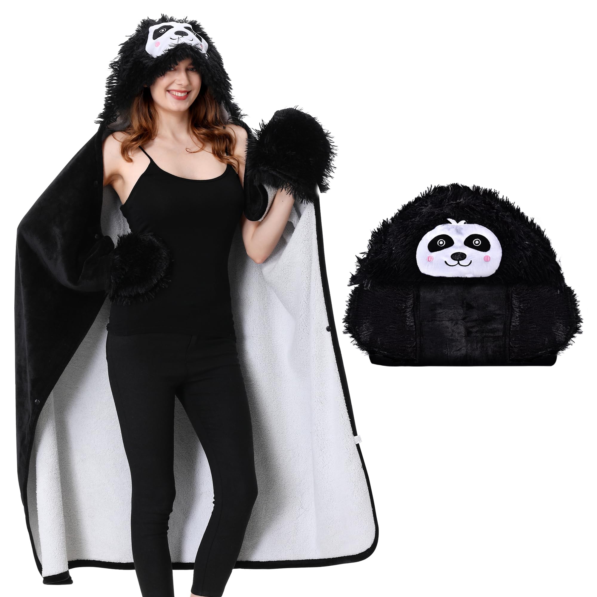 Aragallant Bradipo Coperta Indossabile, Coperta con Maniche eCappuccio Donna, Accogliente Oversize Coperta Flanella Bradipo per Adulti Bambini Natale compleanno Regalo, 150x120cm (Nero)