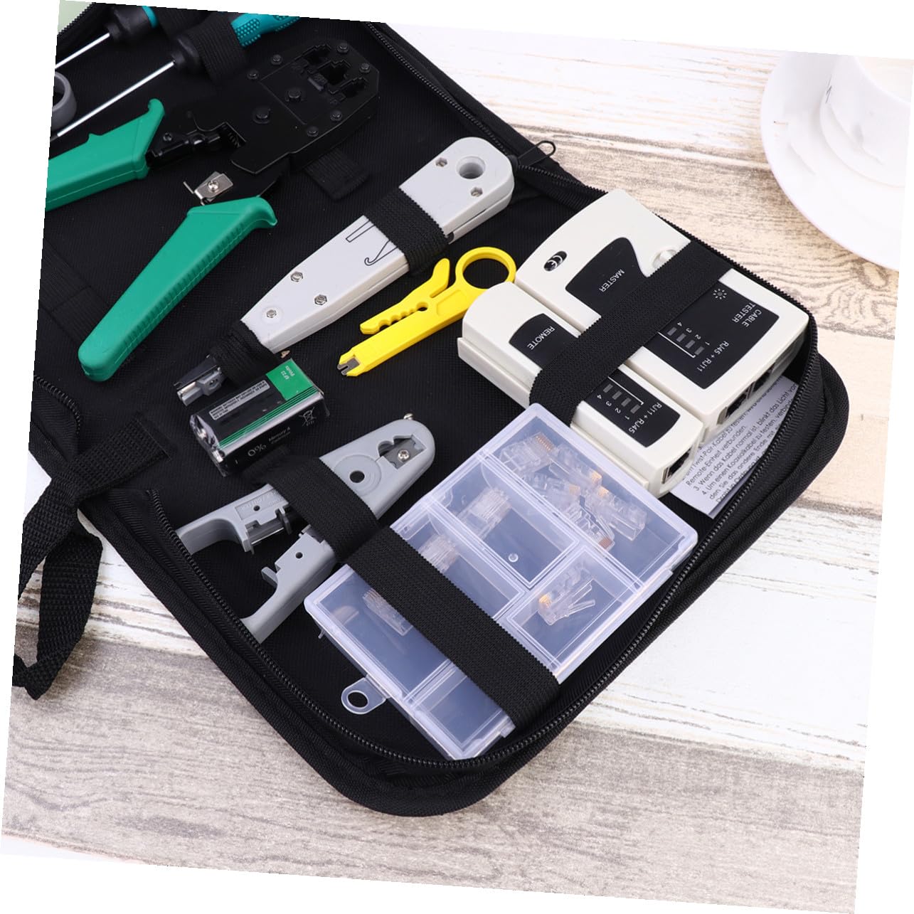 COLLBATH Kit D'outils Réseau 12-en-1 Testeur de Câble, Pince à Sertir en Métal et Paquet de Rangement, Outil D'installation pour Tests de Câbles Réseau et Téléphoniques