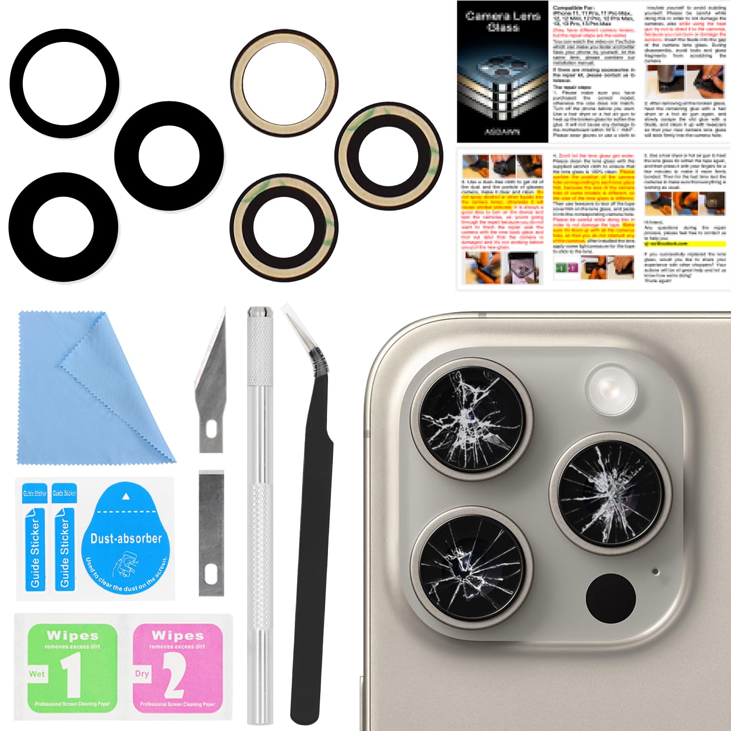 ASDAWN Back Rear Camera Lens Glass Replacement for iPhone 15 Pro Max 6.7 Inches with Pre-Installed Adhesive, ASDAWN Back Camera Lens Glass kit with Installation Manual + Repair Tool Set