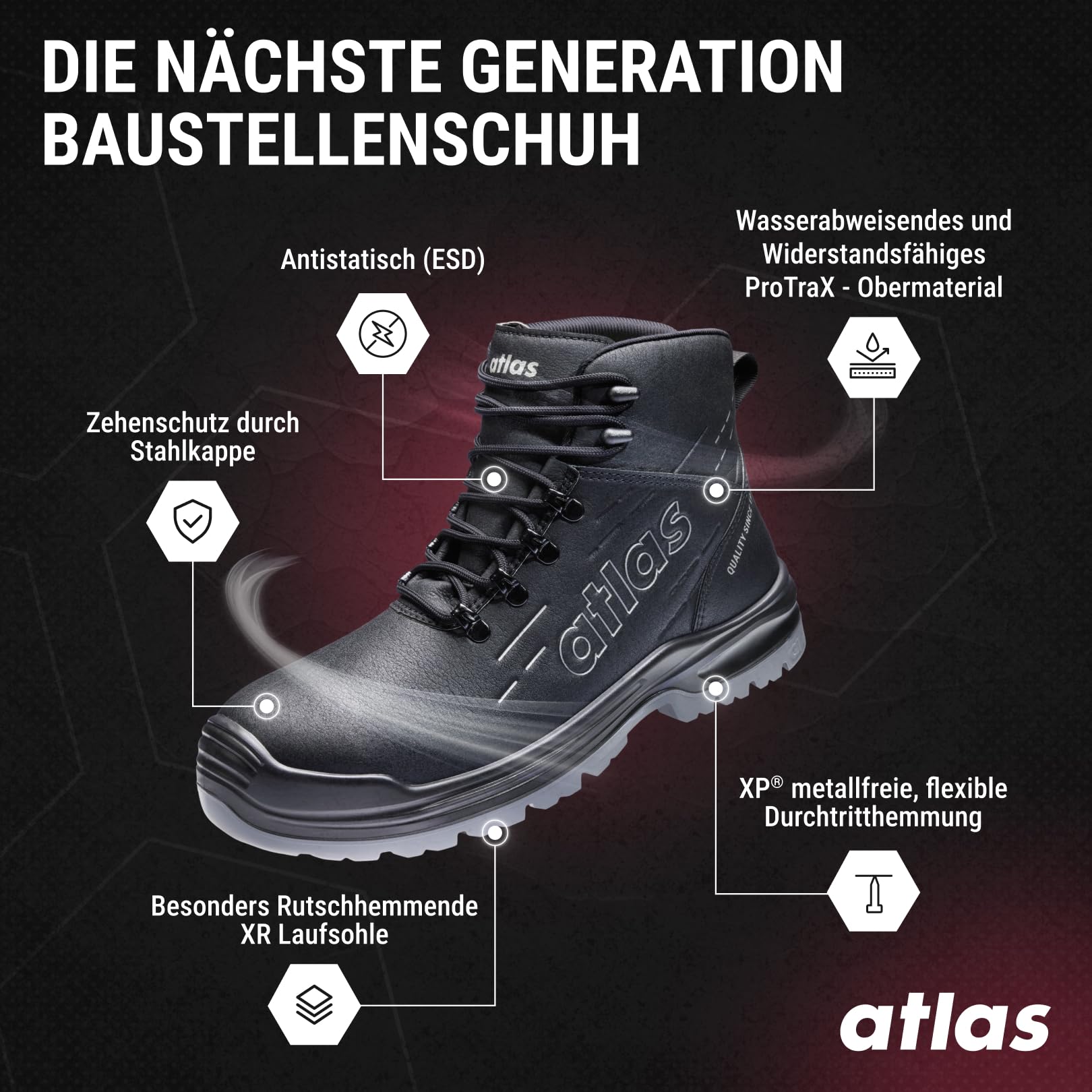 Atlas MAX 500 PRO S3S Sicherheitsschuh Weite 10, Stahlkappe, XP Durchtrittschutz, wasserdicht, rutschhemmend, BAU & Outdoor, ProTraX