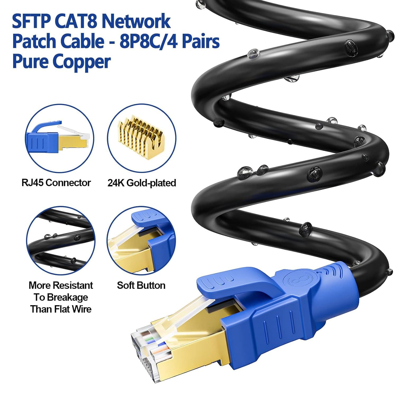 Kabel Ethernet 30m, Kabel RJ45 30m Cat 8 Kabel LAN High Speed 40Gbps 2000Mhz Ekranowany kabel RJ45 Czarny Gigabit Outdoor Wodoodporny Kabel Internetowy