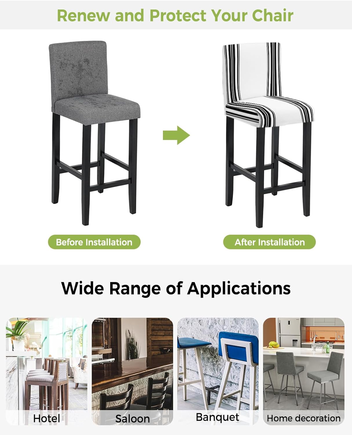 Black Striped Bar Stool Covers - Stretch Dining Chair Covers Set of 2, Modern White Striped Abstract Art Aesthetics Bar Chair Covers Counter Stool Pub Chair Slipcovers Protectors for Kitchen/Cafe