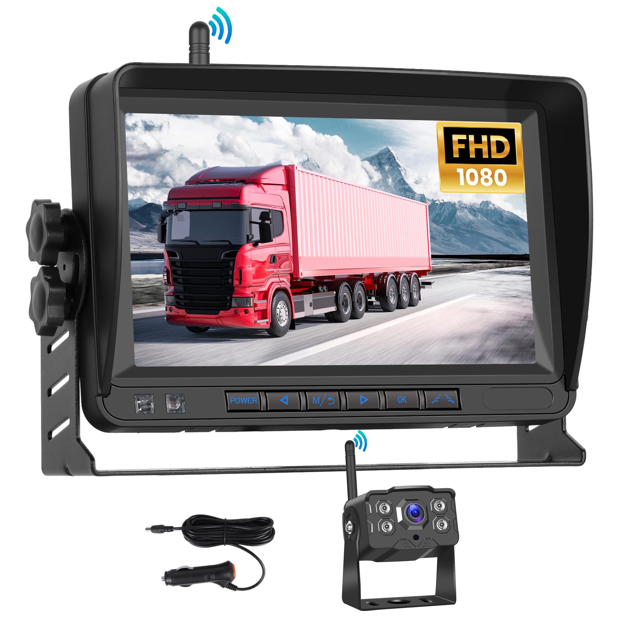 Rimoody FHD 1080P - Cámara de marcha atrás inalámbrica, HD IPS 7 pulgadas monitor IP68 impermeable visión nocturna, gran angular ayuda al retroceso imagen Flip para camping caravana camiones remolques