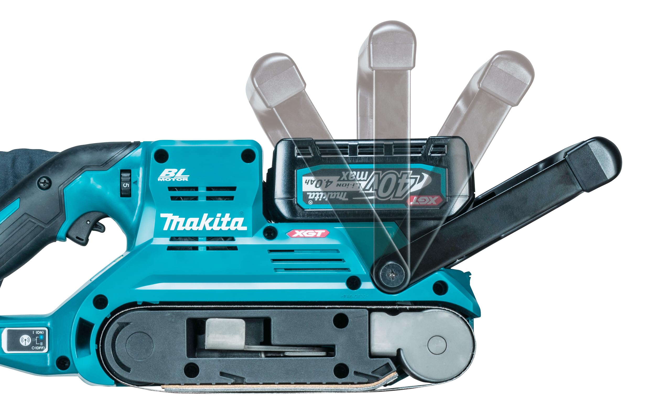 Makita BS001GZ - Smerigliatrice a nastro, 40 V max, larghezza di banda 76 mm, senza batteria e caricatore