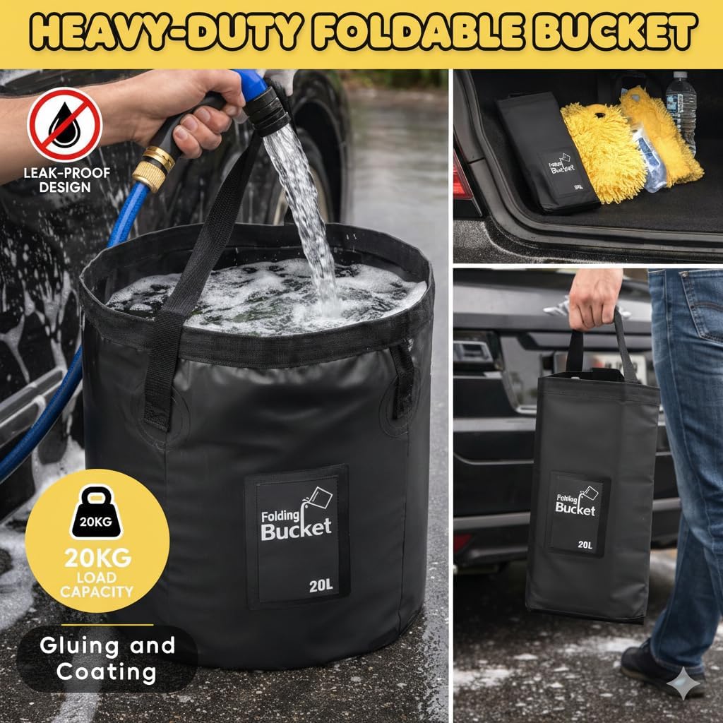 144" Car Wash Kit with Telescoping Pole, 20L Collapsible Bucket, Chenille Microfiber Mop, Bristle Brush, 2-in-1 Sponge & Window Squeegee, Towel & Waterproof Glove for RV Truck SUV Boat