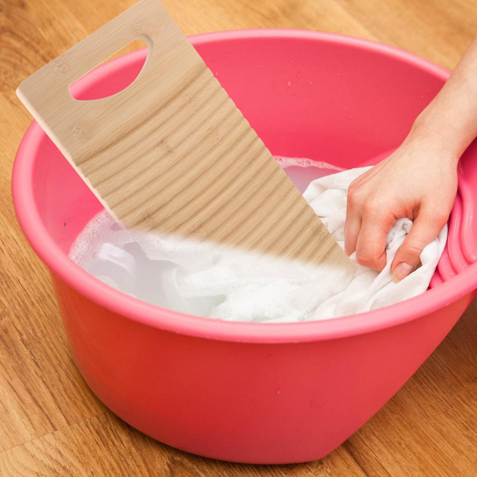 Luxshiny Bambus Wäschewaschbrett mit Anti Rutsch Funktion Manuelles Wäschewaschgerät zum Händewaschen von Kleidung und Handtüchern Aufhängbar und Langlebig