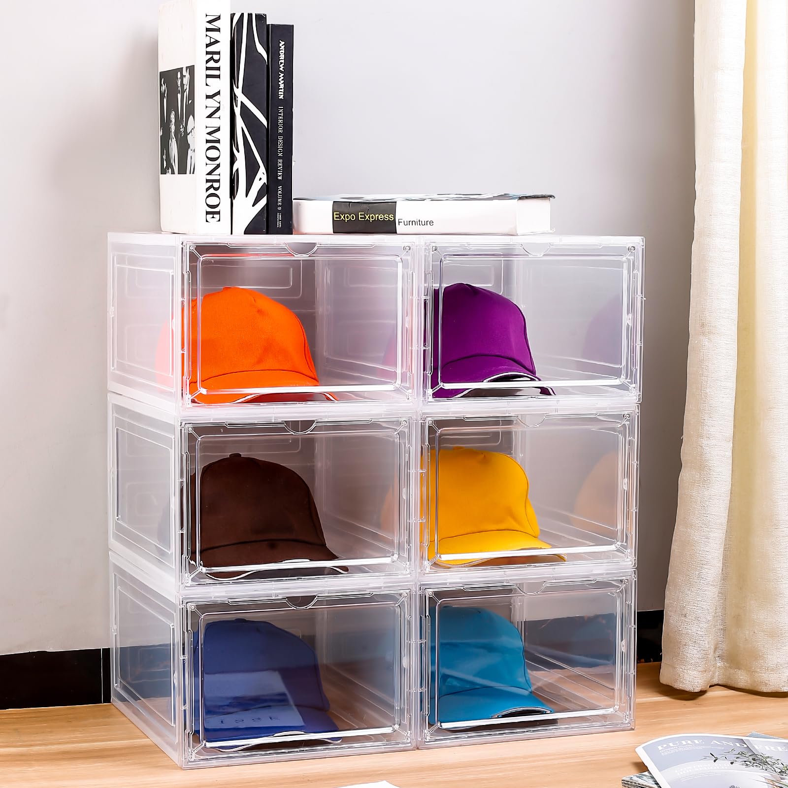 verklale Hat Organizer Box for Baseball Caps Set of 6,Transparent Hat Display,Stackable Dust Hat Rack with Magnetic Door, Easy to assemble stylish hat stand for stylish hat display