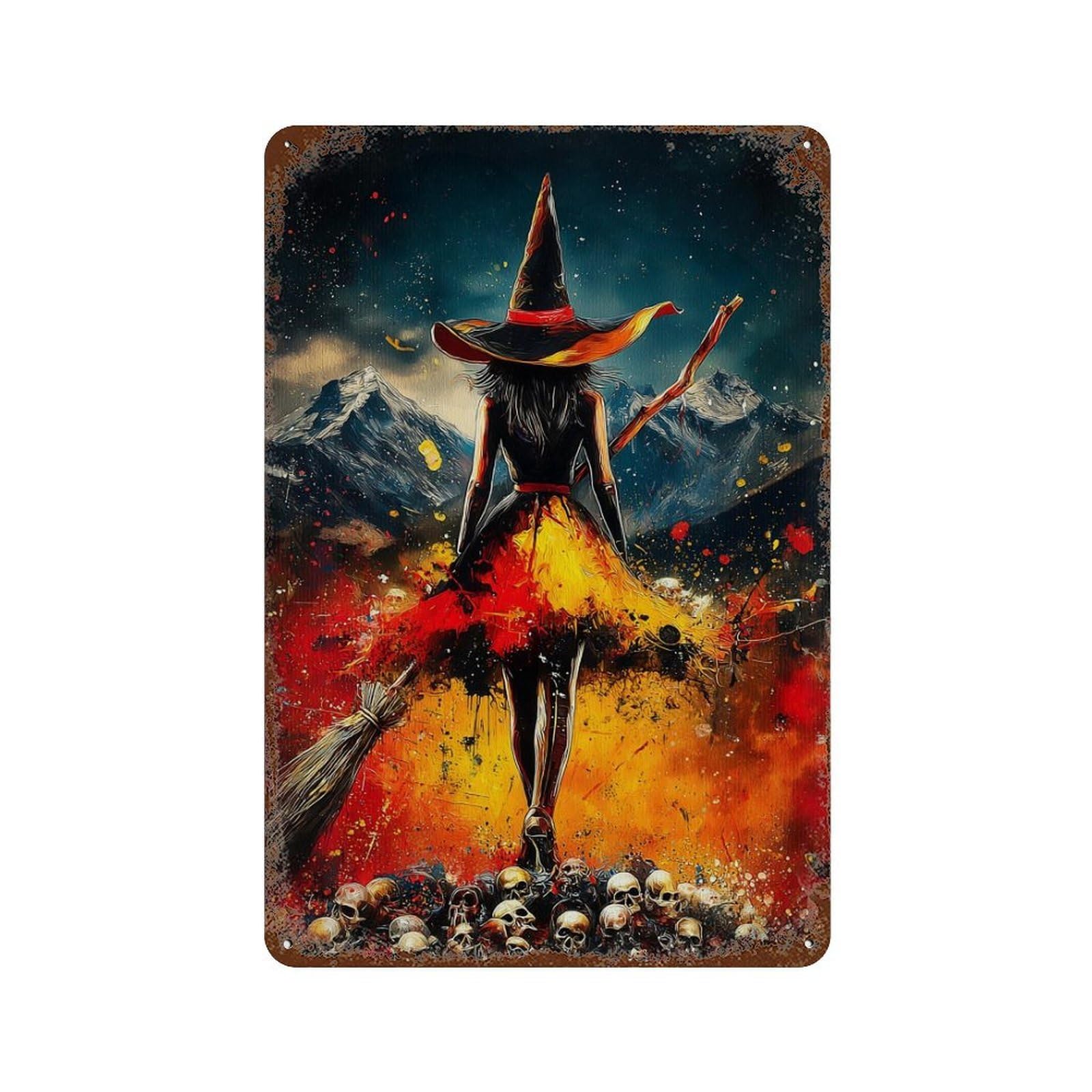 Distressed Metal Wall Sign with Witch on Broomstick with Skulls Design 11.8"x7.9", for Garage, Bar And Workshop Decor, Vintage Wall Decor