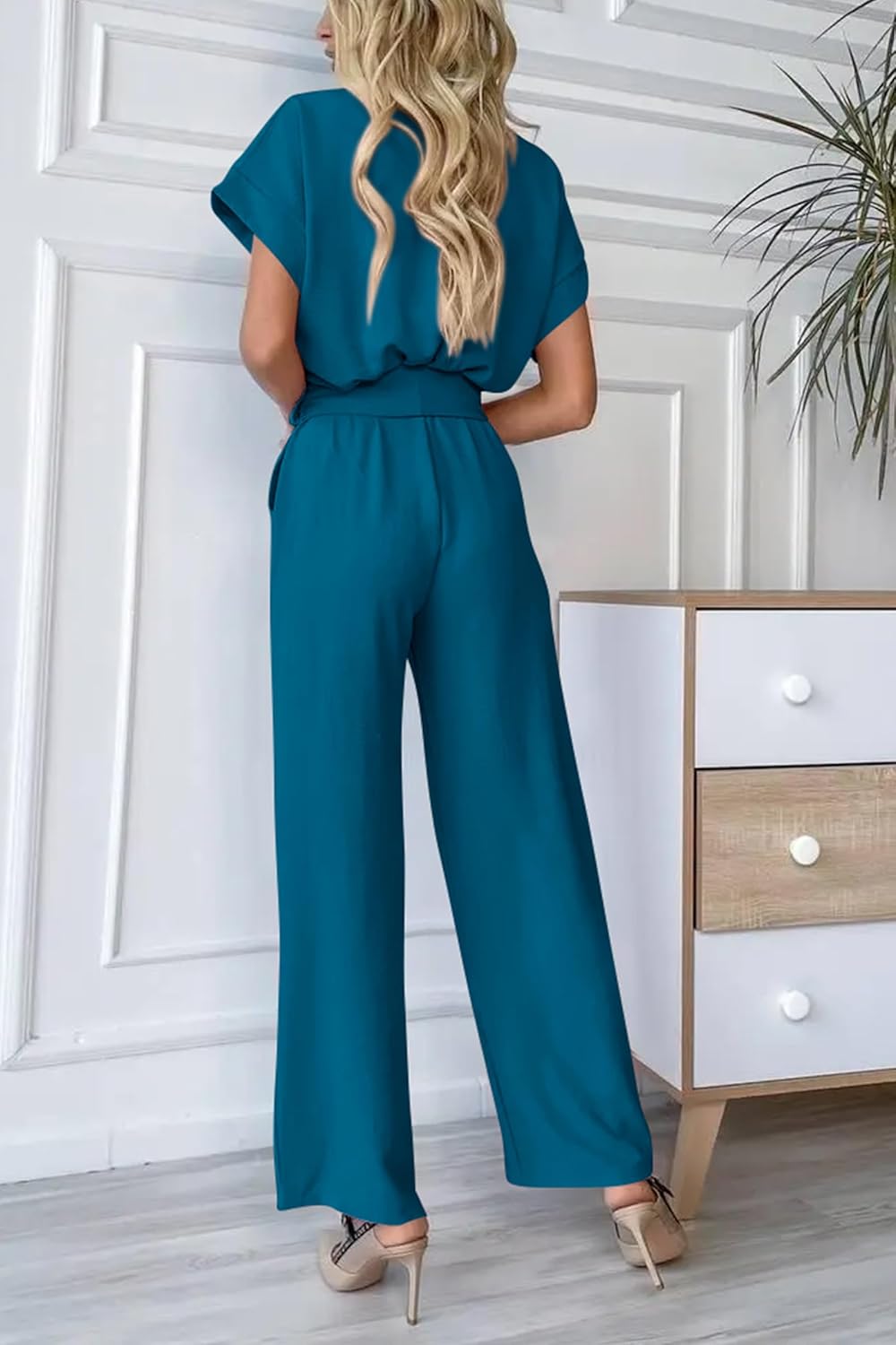 PRETTYGARDEN Women's One Piece Jumpsuits Dressy Casual Summer Short Sleeve Wrap V Neck Wide Leg Pants Romper Spring Clothes - Image 4