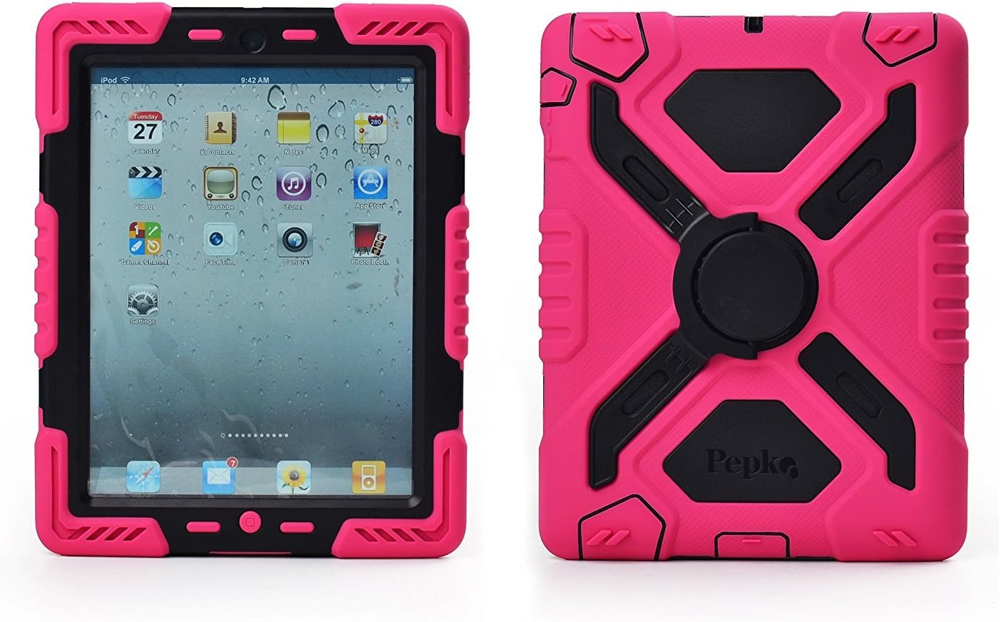 Pepk iPad Mini Silicone Plastic Protective Dual Layer Shock Absorbing Kid-Proof Case Built in Stand Designed for The Apple iPad Mini 1/2/3 (Rose/Black)