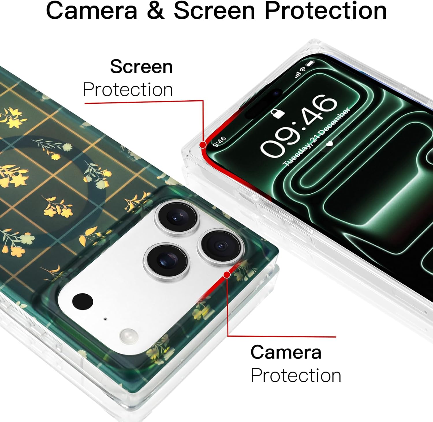 AIGOMARA Magnetic Rectangle for iPhone 17 Pro Case, Compatible with Magsafe, Luxury Glitter Sparkle Iridescent Golden Bloom Flower for Women Girls, Stylish Protective Shockproof Phone Cover, Green