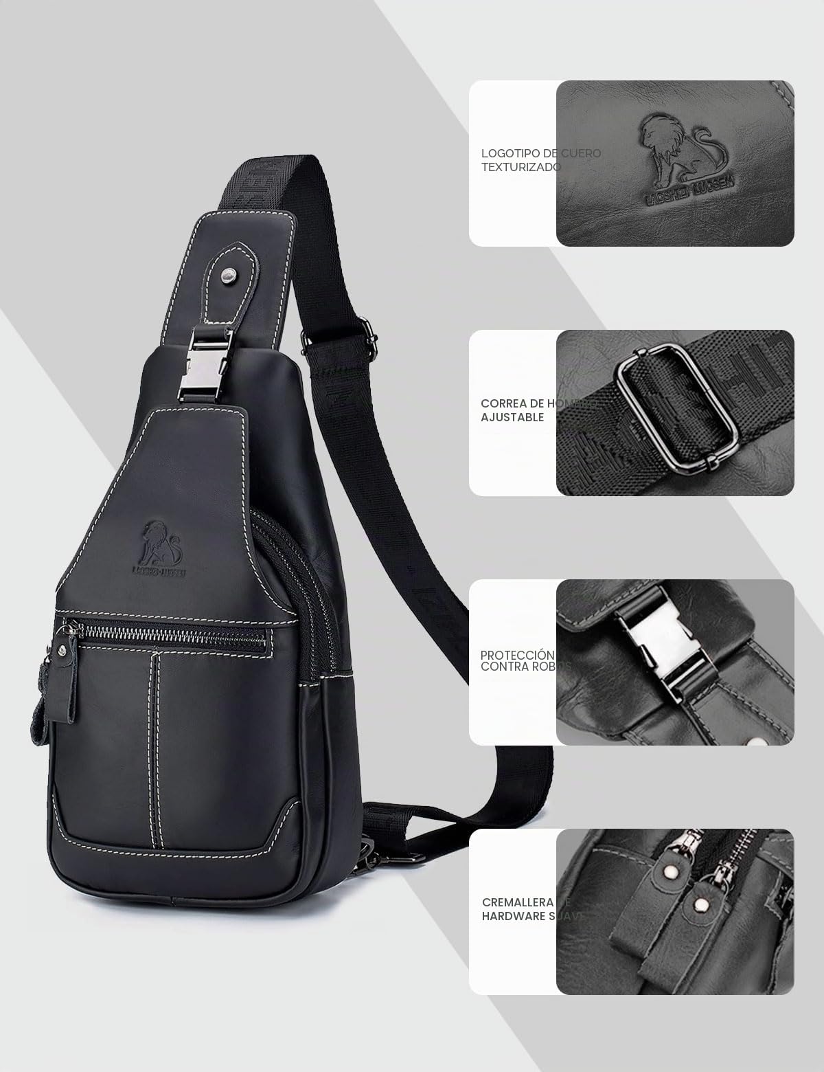 Bolsa de Pecho Para Hombres Bolso de Cuero Genuino Deportes y Ocio al Aire Libre Bolsa Pectoral Multifuncional Vintage de Moda e Impermeable Negro