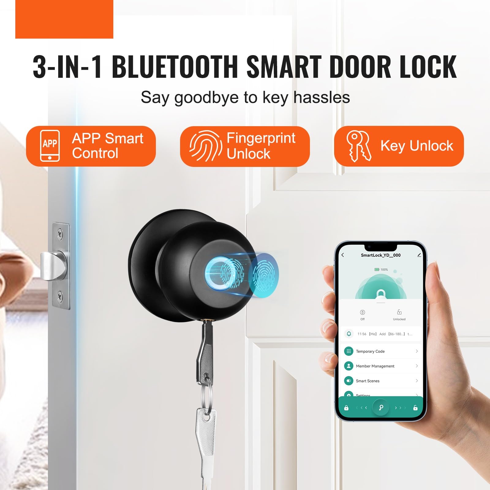 Happybuy Smart Door Knob, Biometric Bluetooth Fingerprint Lock, APP Control, Easy Installation, for Home, Office, Bedroom, Hotel, Black