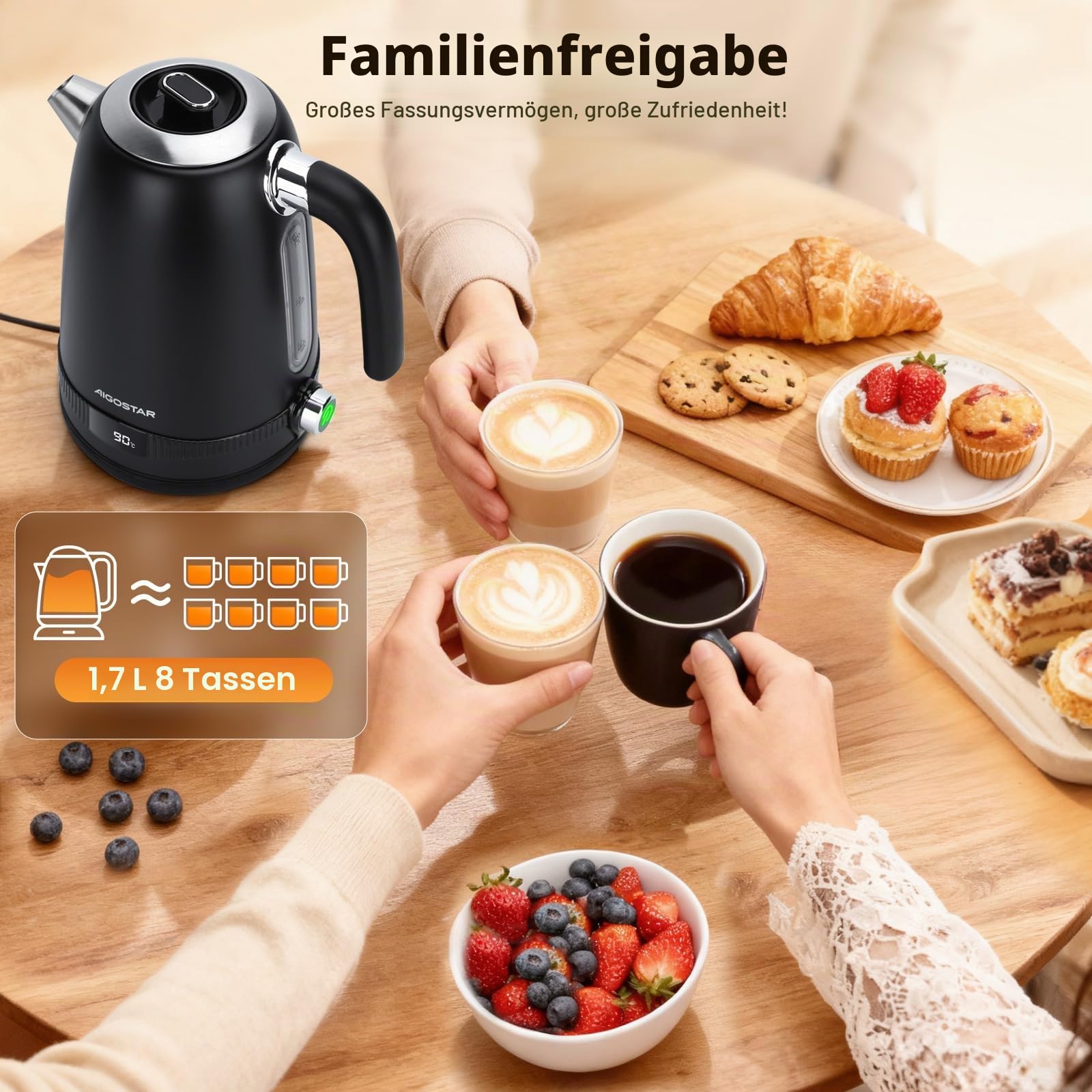Aigostar Edelstahl Wasserkocher mit Temperatureinstellung, Schwarz Matt