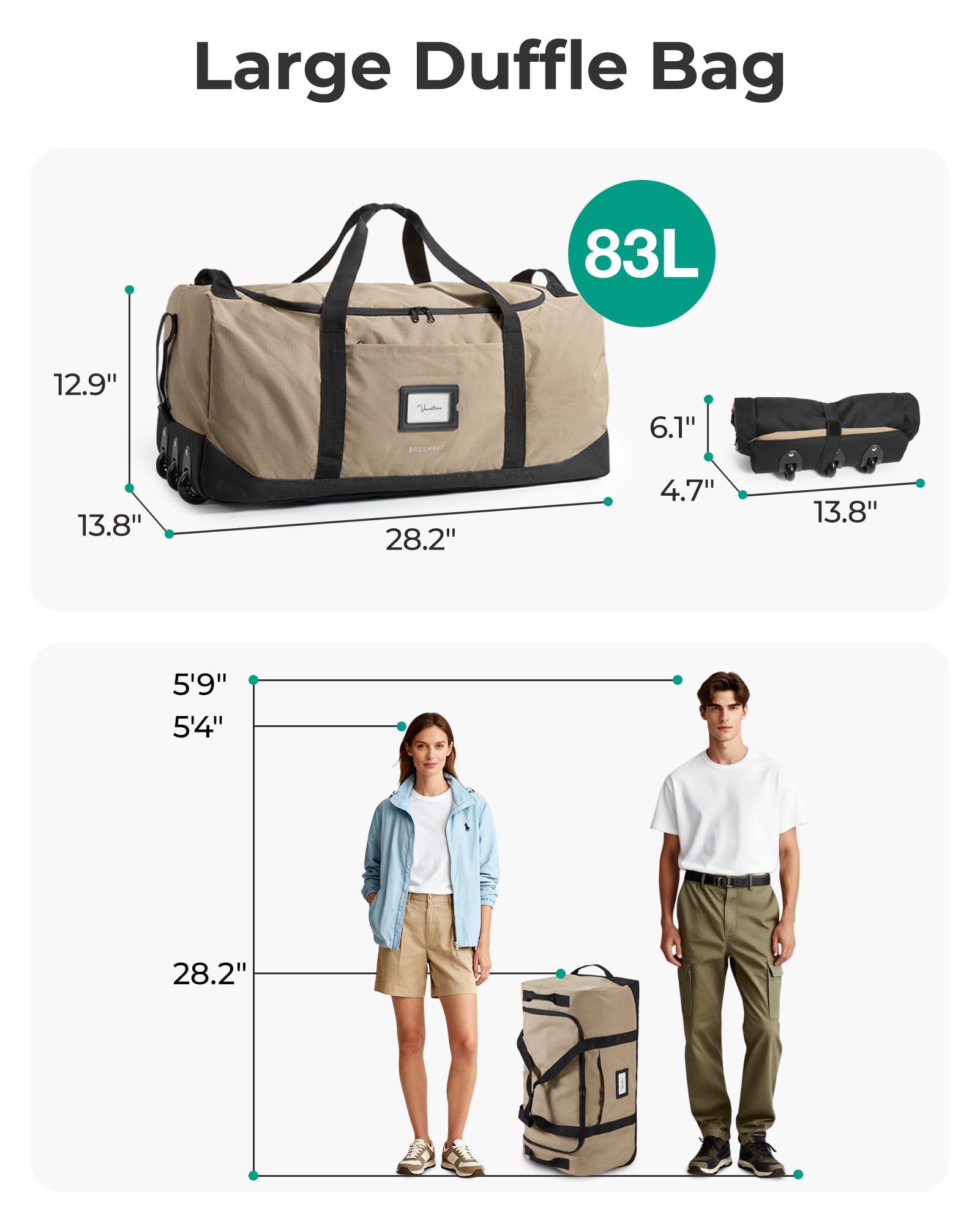 BAGSMART Faltbare Reisetasche mit Rollen, 83L Leicht Sporttasche 3-Rollen große Reisetasche Herren & Damen, Kann aufgerollt und aufbewahrt Werden, Schwarz