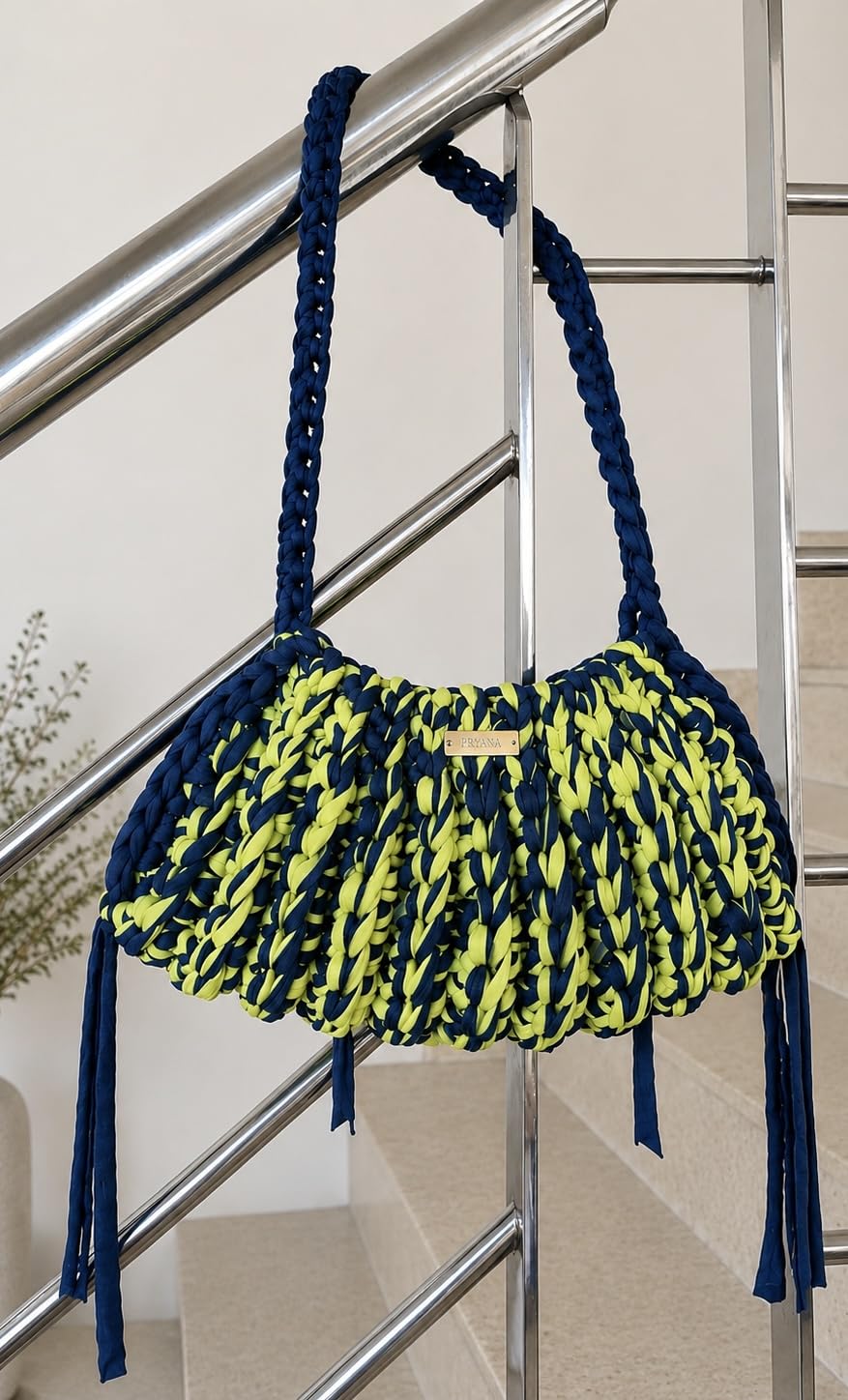 Bolso de ganchillo hecho a mano Hobo vibrante De hombro de verano crochet boho en naranja, denim y mojito