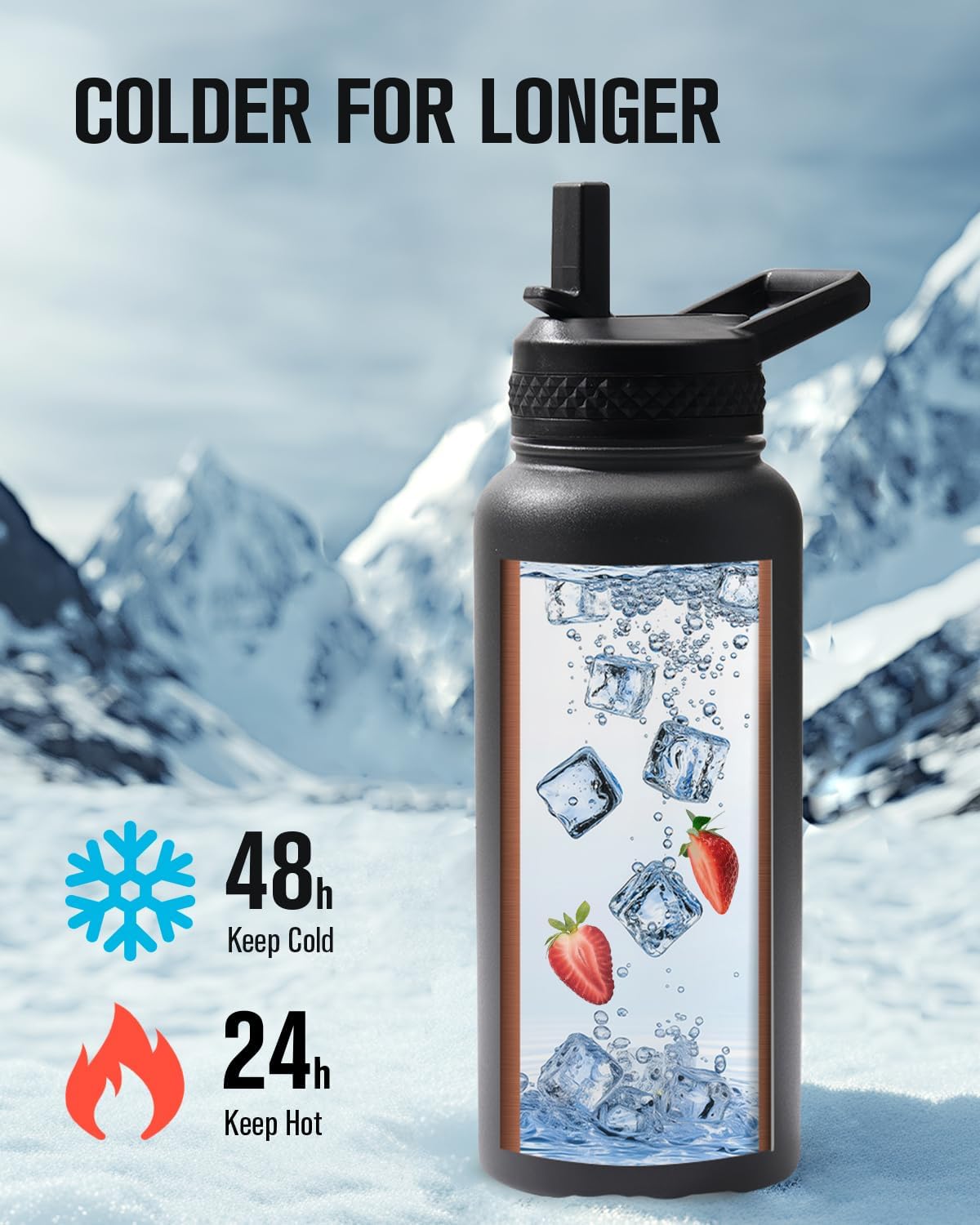 Coolplus 32 oz Water Bottle Insulated, Stainless Steel Water Flask With Straw Metal Double-Walled Vacuum With Carry Sleeve Leakproof, Keep Cold 48 Hrs Hot 24hrs, Black - Image 2