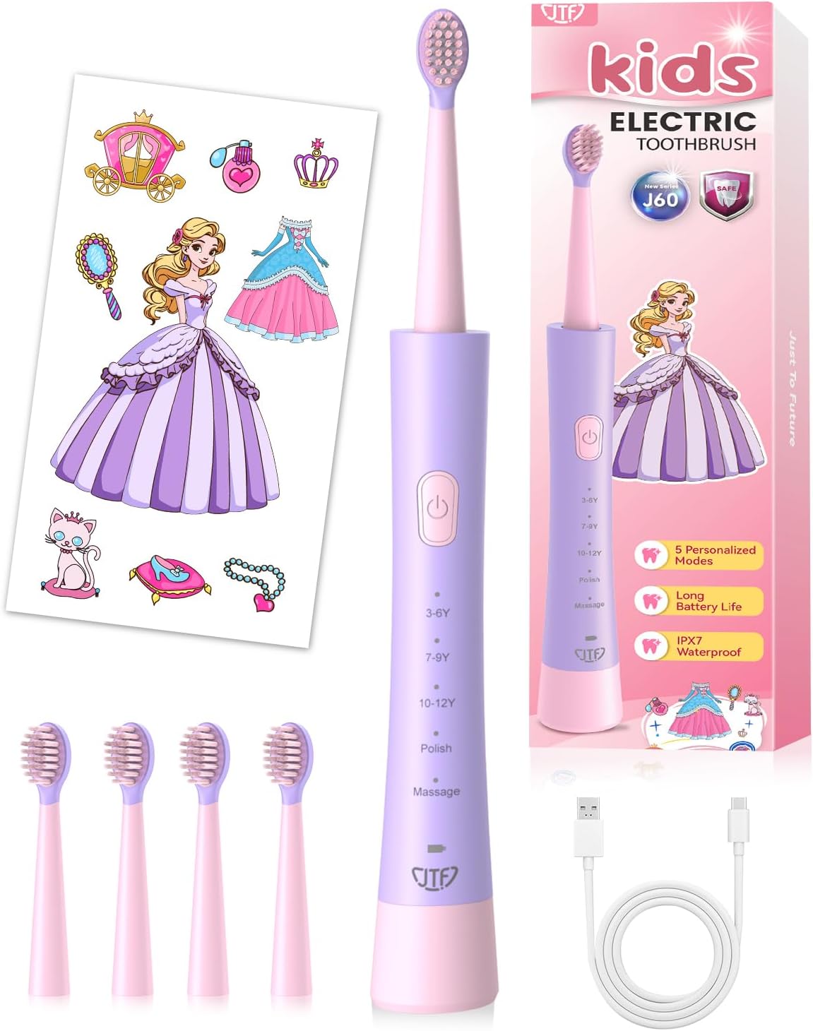 JTF Kids Electric Toothbrush Rechargeable: Sonic Tooth Brush with Smart Timer 5 Brushing Modes 4 Soft Brush Heads IPX7 Waterproof and DIY Sticker, Portable Pink Children Toothbrushes for Girl, Ages 3+ JTF Kids Electric Toothbrush Rechargeable: Sonic Tooth Brush with Smart Timer 5 Brushing Modes 4 Soft Brush Heads IPX7 Waterproof and DIY Sticker, Portable Pink Children Toothbrushes for Girl, Ages 3+
