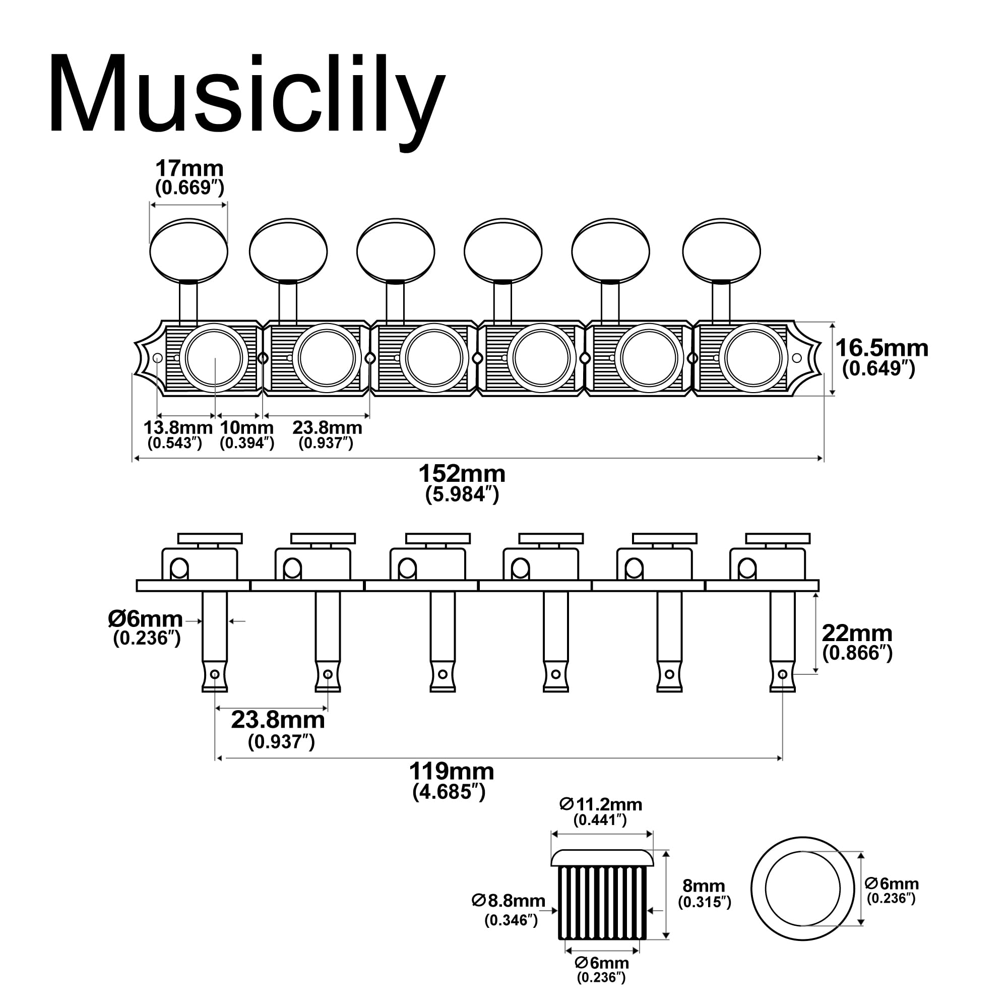 Musiclily Pro 6 in Linea Vintage Meccaniche Autobloccanti per Chitarra Elettrica Squier Classic Vibe Strat Tele, Nichel Bottone Ovale