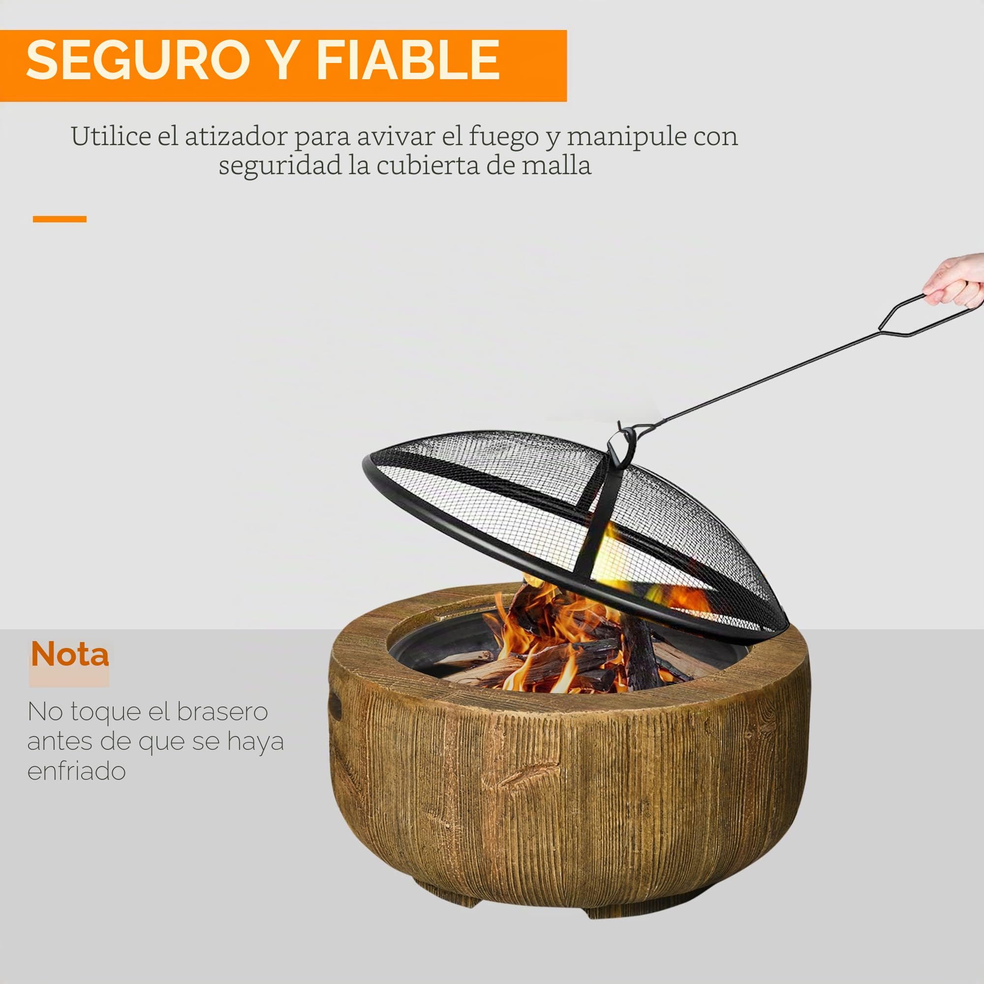 Cuenco de Fuego Outsunny, Pozo de Fuego con Tapa, Cesta de Fuego con atizador, en diseño de tocón de árbol, para jardín, Camping, terraza, Acero, MgO, marrón