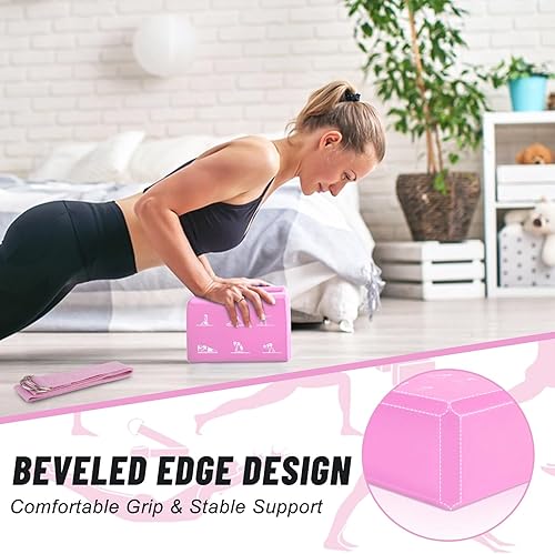 Vista 4 de RETON Juego de 2 bloques de yoga con correa, bloque de yoga rosa de alta densidad, bloques de espuma EVA ligeros, bloques de yoga, pilates, ladrillo