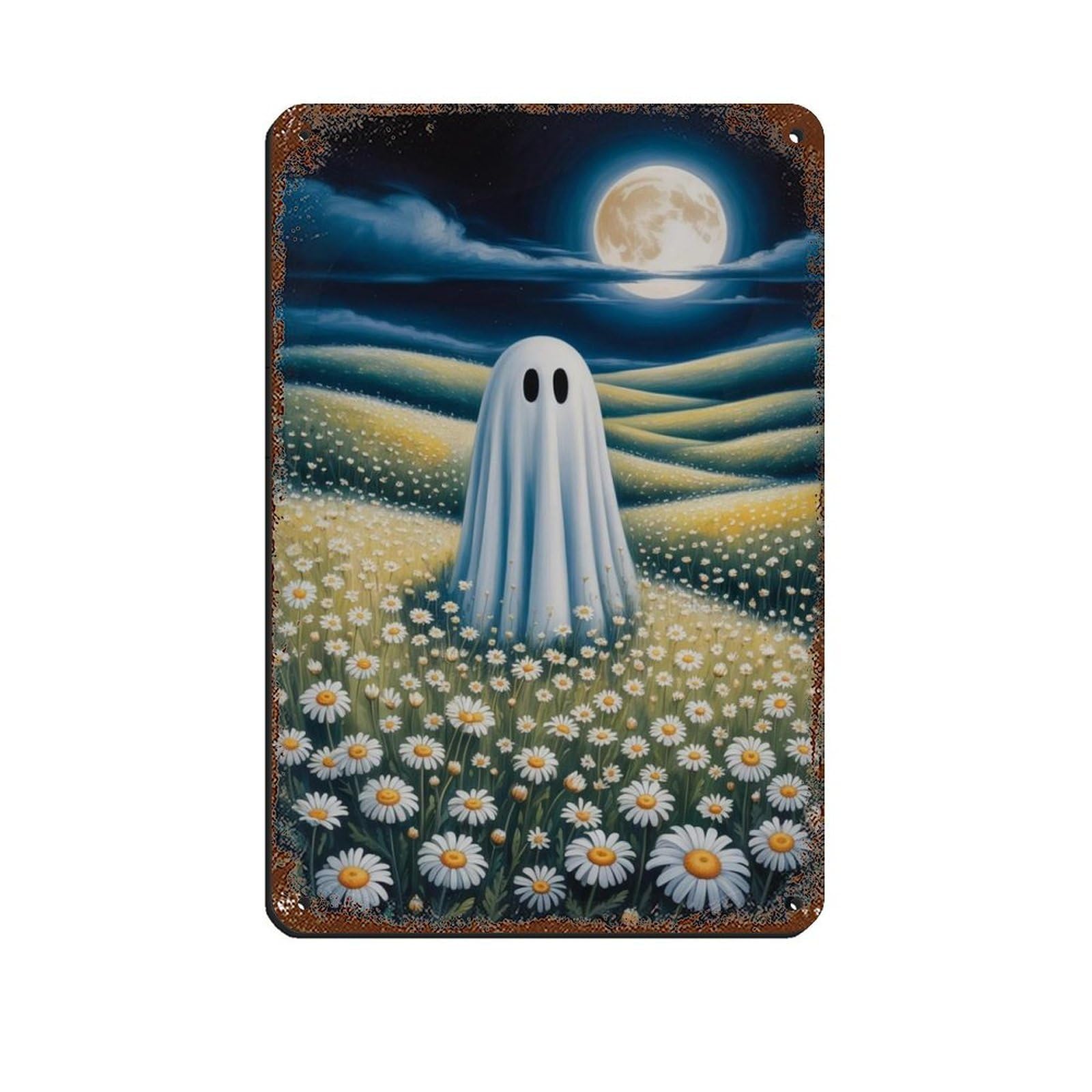 Ghost with Wildflowers at The Moon Poster Tin Sign Vintage Metal Pub Club Cafe Bar Home Wall Art Decoration Poster Retro 8x12inch(20x30cm)