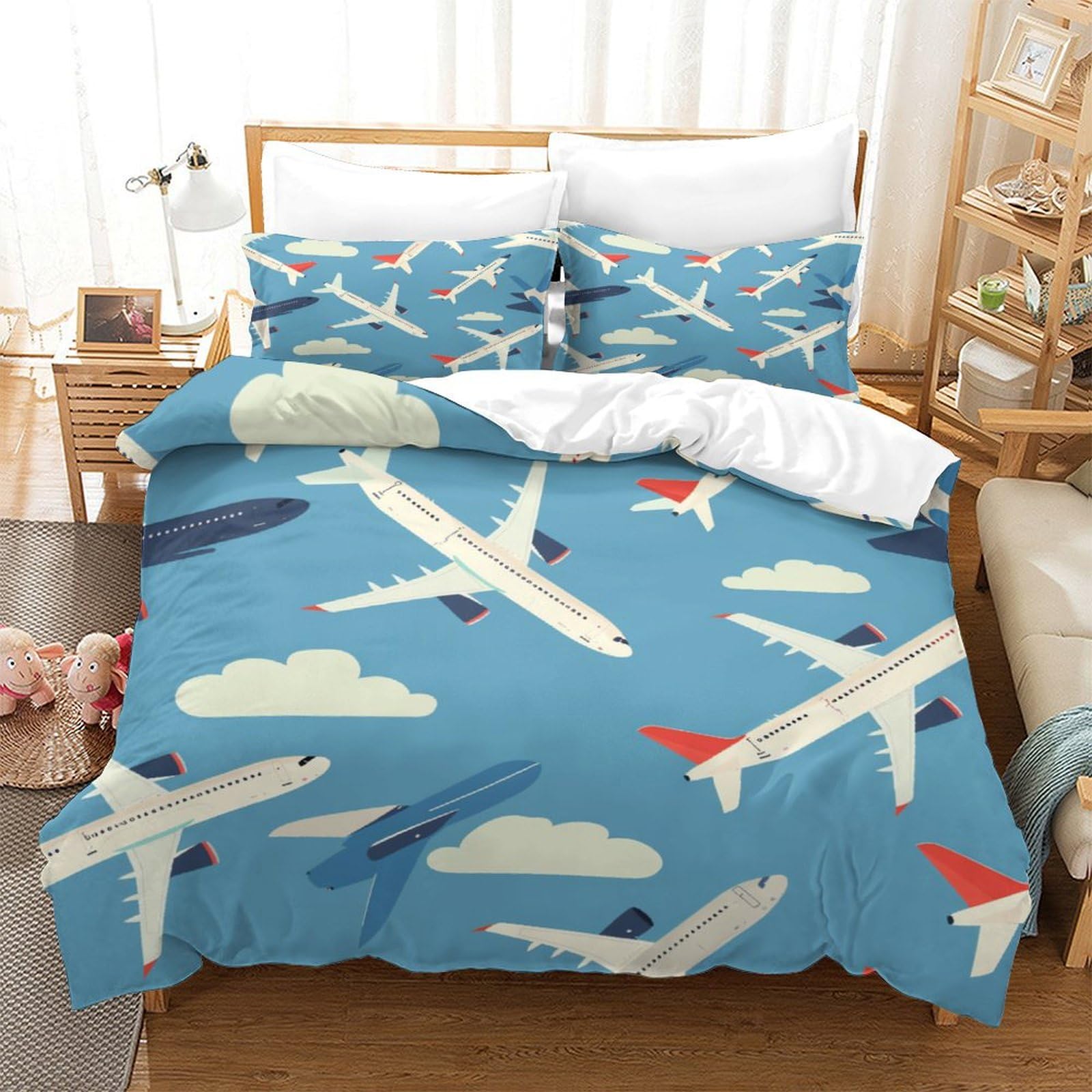 P1s9u7w5y Aircraft-7 Cartoon Airplane Cloud 3D Printed Duvet Cover Set 3Pcs Microfiber Plane Bedding Set Double（200X200cm）