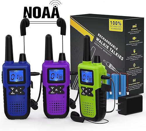 Miniatura 9 de 3 Walkie Talkies recargables de largo alcance para adultos – Radios de 2 vías de la NOAA – con auriculares y micrófono, cargador USB de batería, Un