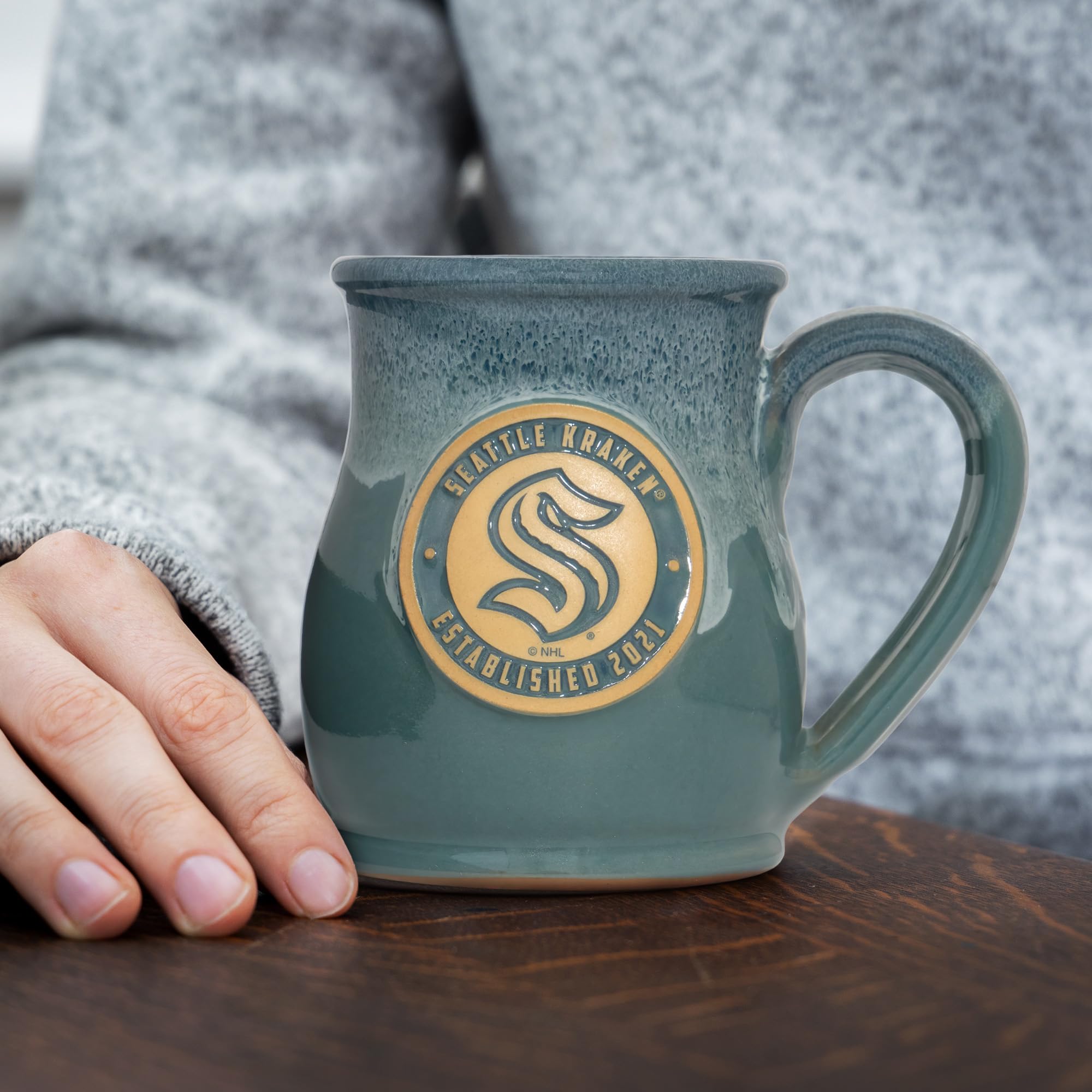 Greater Distance NHL Hockey Seattle Kraken 14oz Two-Tone Tall Belly Mug, Handmade Large Ceramic Coffee Mug With Team Logo for True Fans, Premium Deneen Pottery Made in USA