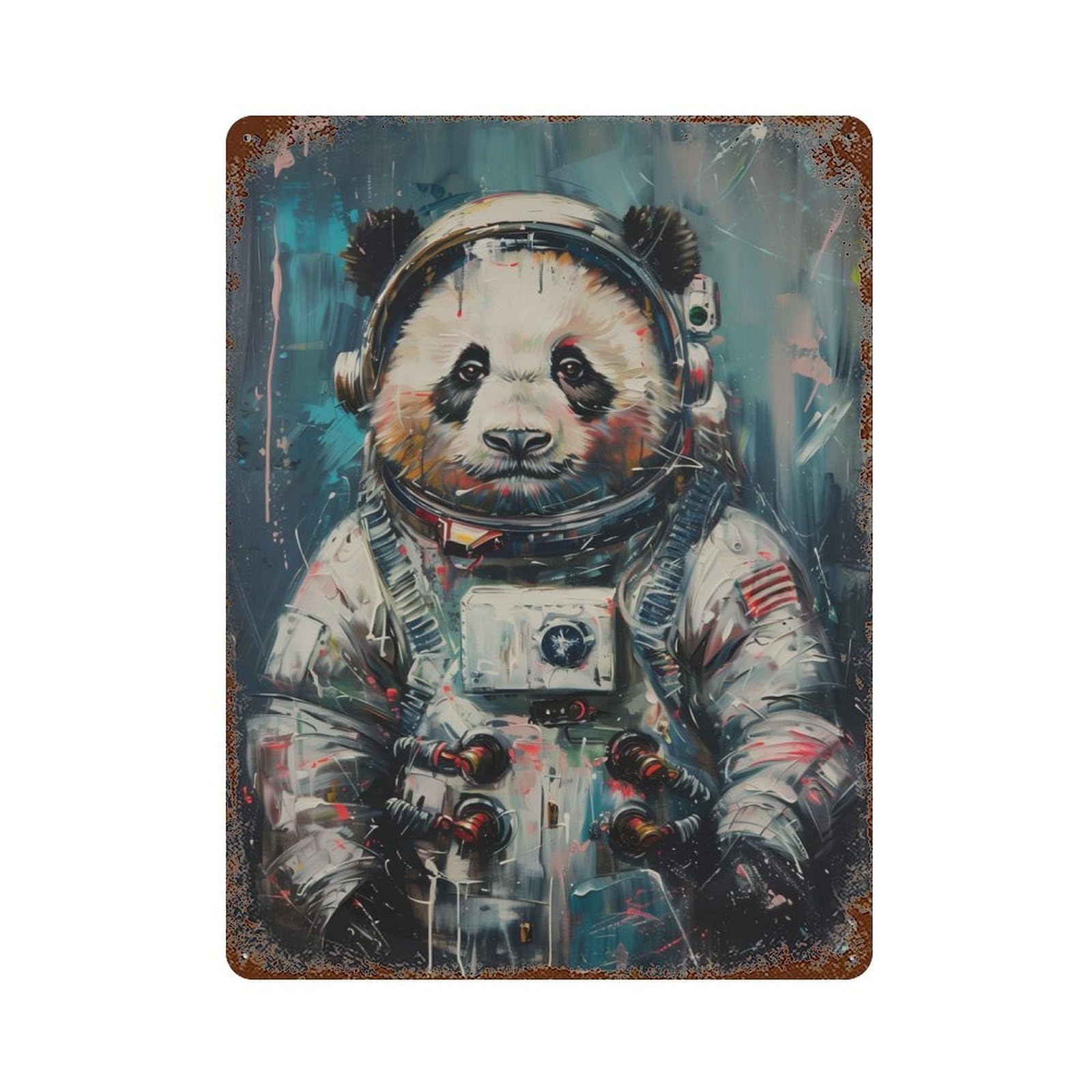 Cute Astronaut Panda 15.7"x11.8" Rusty Metal Tin Sign, Novelty Wall Decor for Cafe, Home Bar And Lounge Decor