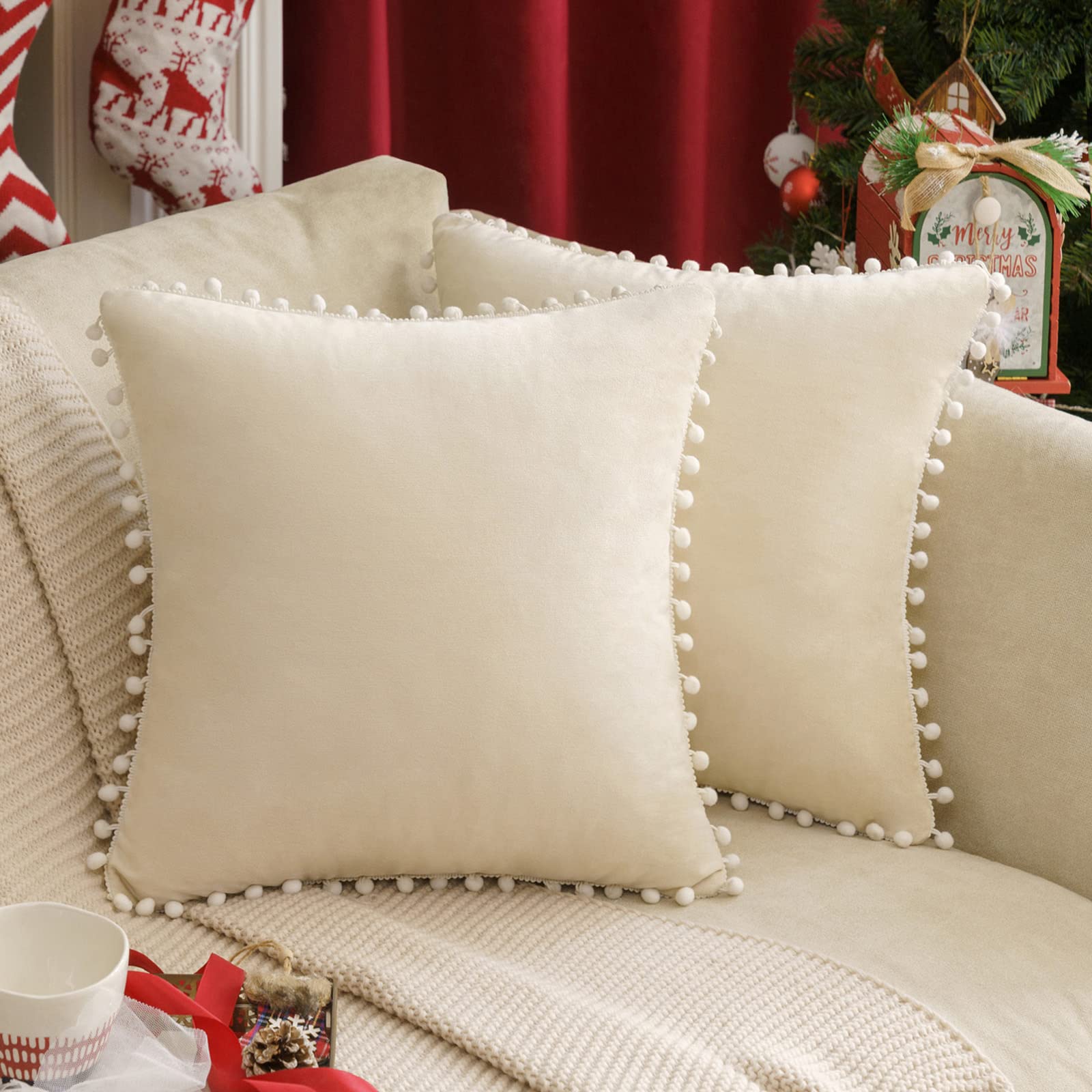Set of 2 Decorative Velvet Throw Pillow Cushion Covers with Pompom Soft Square Farmhouse Boho Pillowcases for Couch Cushion Sofa Bedroom 18 x 18 Inch