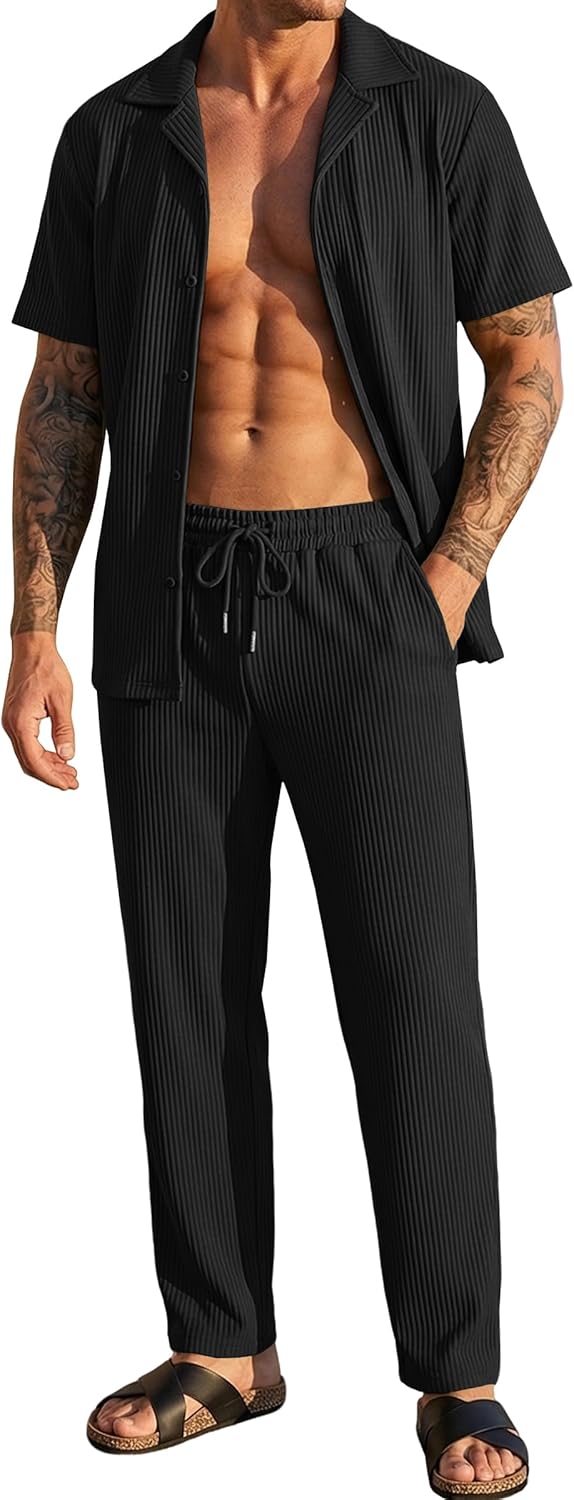 Men's 2 Piece Pleated Textured Outfit Summer Casual Short Sleeve Button Down Shirt And Pants Matching Sets