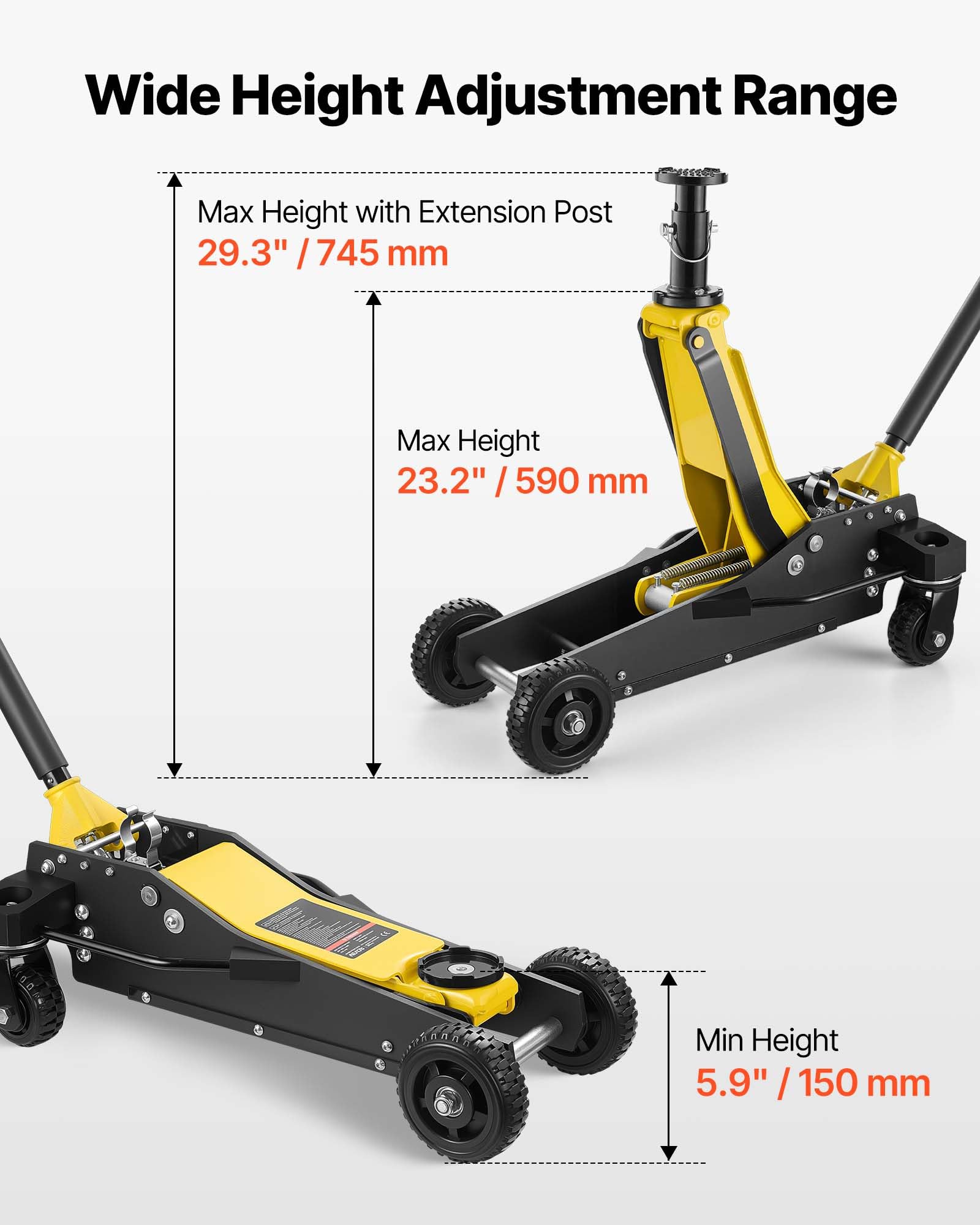 VEVOR Cric Idraulico a Carrello 3 Tonnellate in Alluminio e Acciaio, Cric Idraulico da Pavimento a Doppio Pistone, Altezza di Sollevamento 150-745 mm, Multiuso per Auto Sportivo, Moto, SUV e Camion