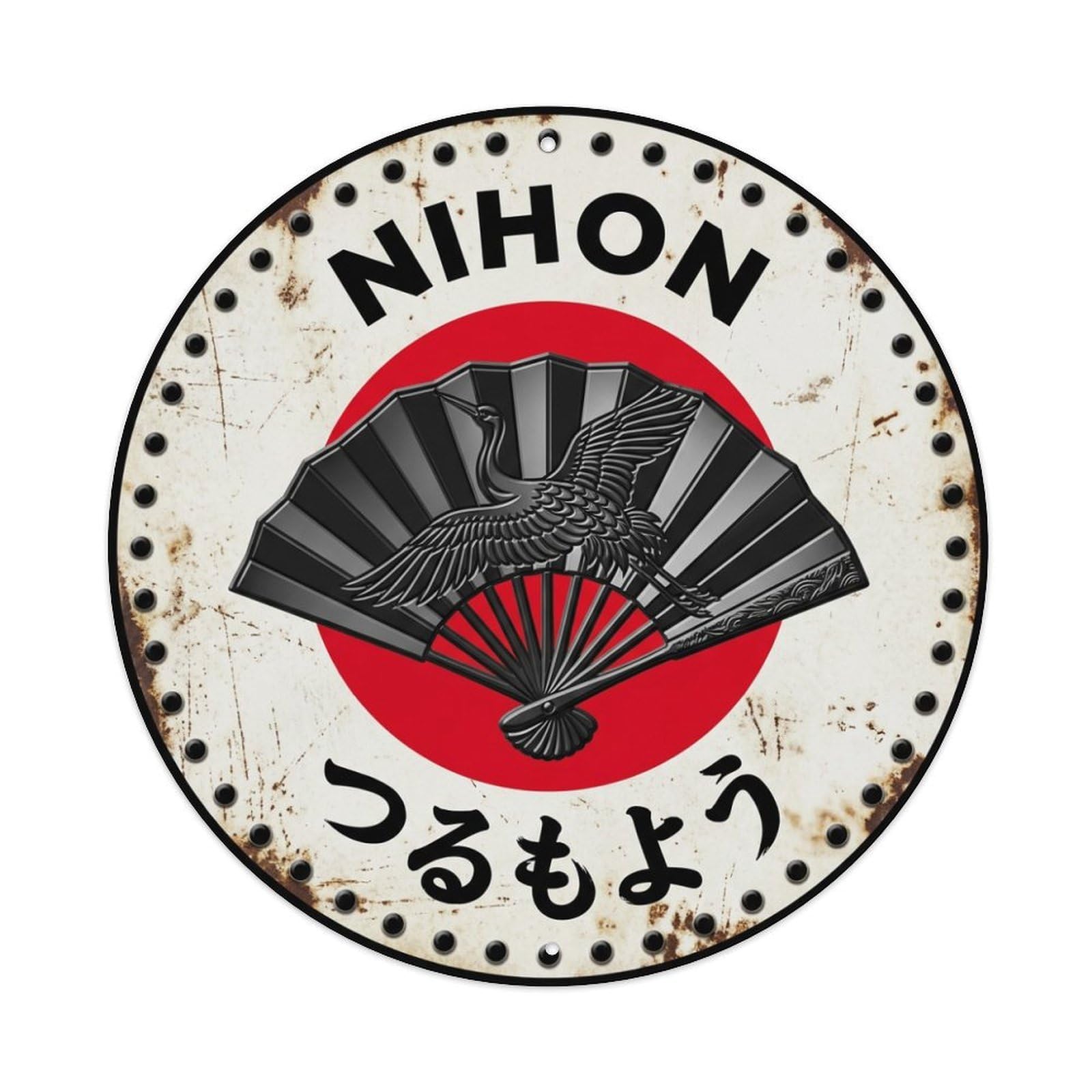 Fqnyr Style Metal Tin Sign Crane Fan Nihon Bird Motif Historic