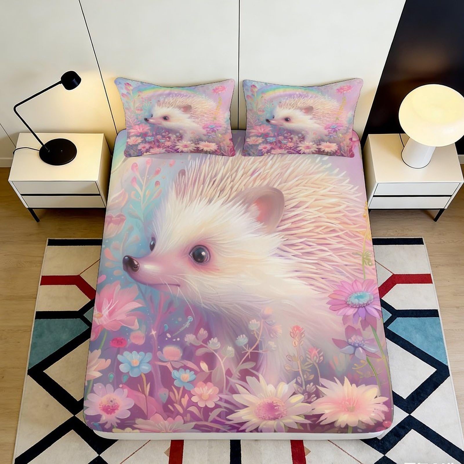 3D Printed Hedgehog Floral Fitted Sheet Microfiber Soft Breathable Pastel Meadow Bed Cover for Bedroom Dorm Decor 90x200x25cm