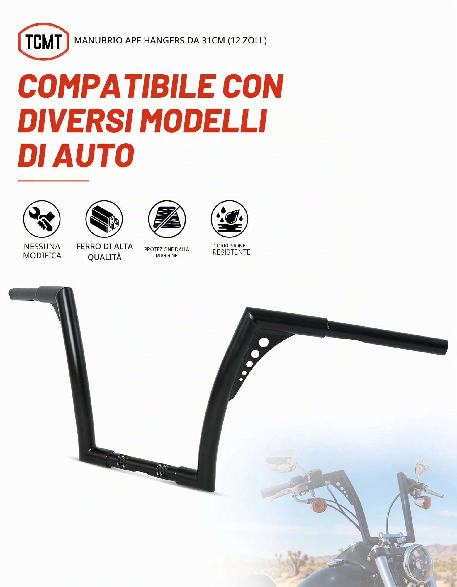 TCMT Ape Hangers manubrio 1-1/4" 12" adatto per Harley Road King Softail Slim Heritage Fat Boy Deluxe Deuce FLST FXST Sportster XL 883 1200 Dyna Super Glide Wide Glide Low Rider Fat Bob
