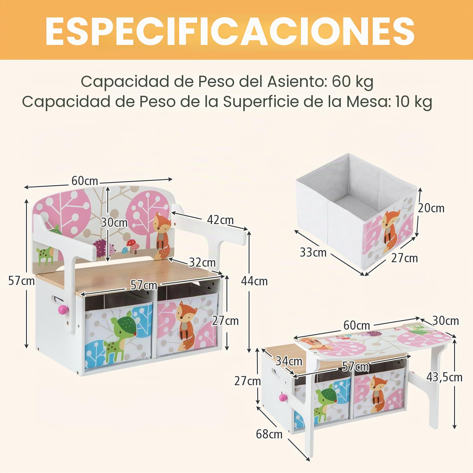 RELAX4LIFE 3 en 1 Baúl Juguetes Infantil de Madera, Juego de Mesa y Silla Infantil con Banco Convertible, Caja Almacenaje, Respaldo y Reposabrazos, Mesa y Sillas para Niños 3-7 Años (Rosa)