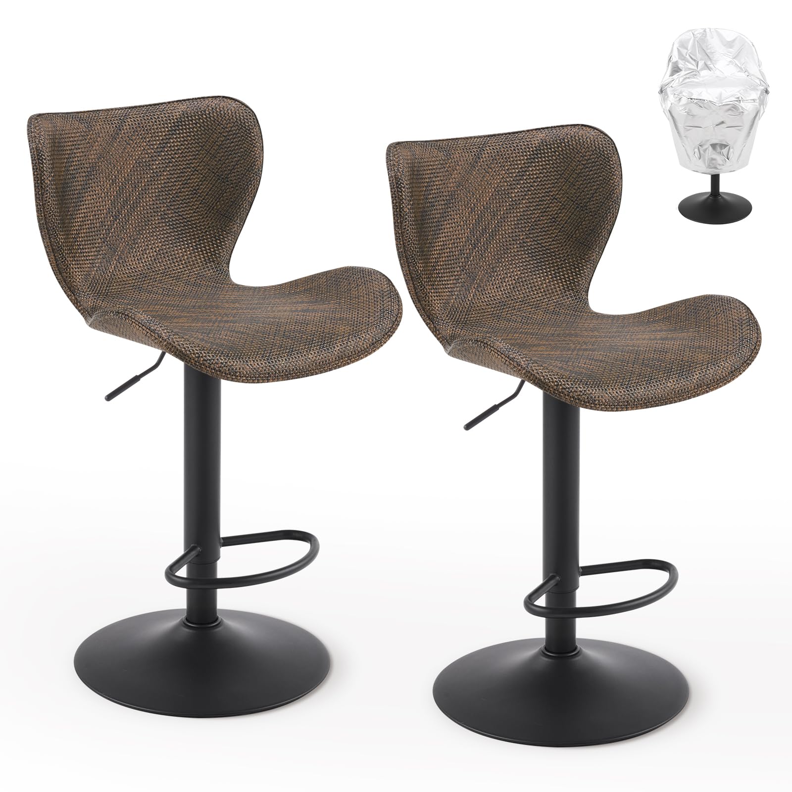 Furnimart Adjustable Outdoor Bar Stools Set of 2, All-Weather Textilene Swivel Patio Bar Chairs with Waterproof Cover for Poolside, Balcony, Backyard,