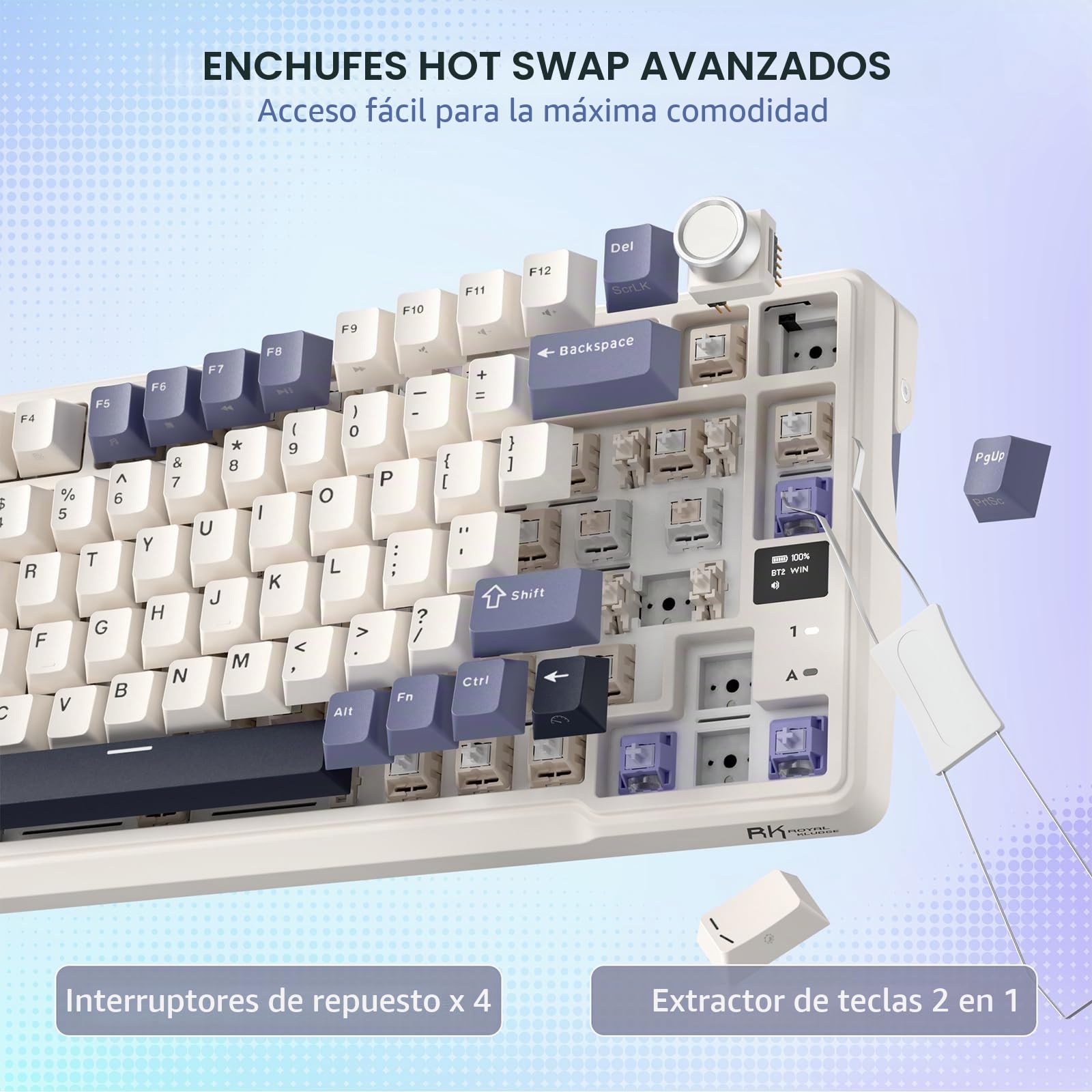 RK ROYAL KLUDGE L98 Teclado mecánico inalámbrico con teclado numérico para zurdos y perilla intercambiable en caliente, trimodo BT/2.4G/USB-C, software profesional