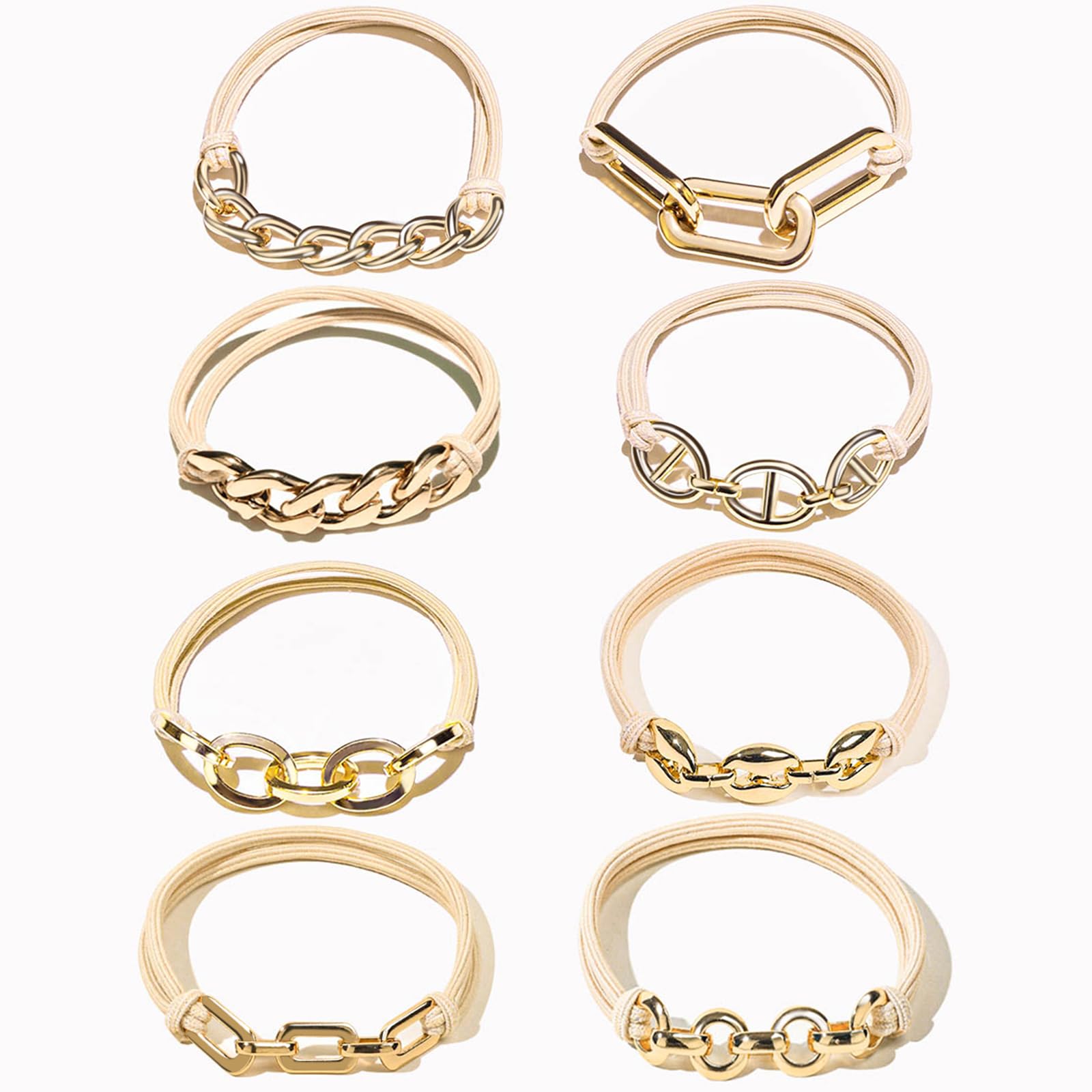 Hair Ties No Damage Gold Bracelet Hair Accessories, 8Pcs Practical Elastic Cute Hair Bands, Fashion Jewelry Ponytail Holders for Women, Thin or Thick