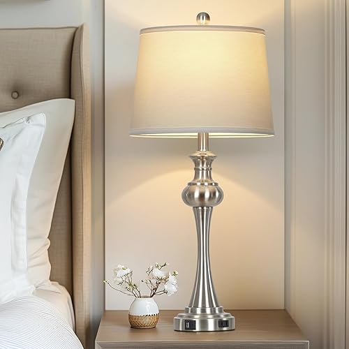 Miniatura 3 de Juego de 2 lámparas de mesa plateadas de 28.75 pulgadas, con control táctil de 3 vías, con puertos y tomas de corriente USB A+C, modernas lámparas