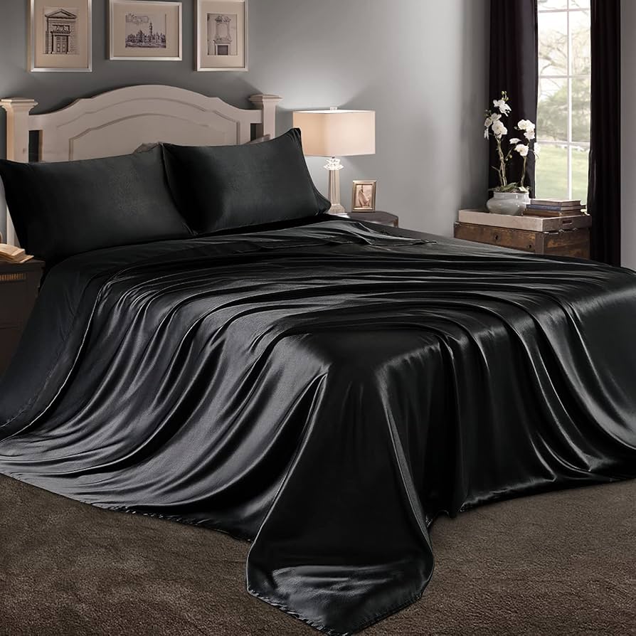 PURE SILK SHEET シルク寝袋シート 黒 Amazon.com: RUDONG M 4 Piece Black Satin Sheets Full Size