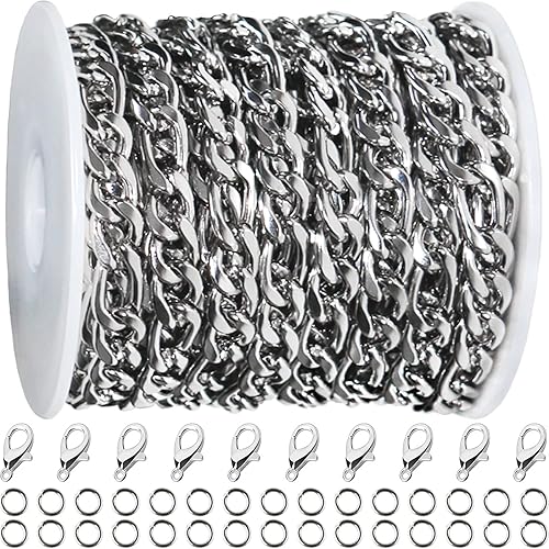 Jishi Cadena Figaro de 16 pies, cadena de acero inoxidable plateado de 0.236 pulgadas para fabricación de joyas, collar para hombre y mujer,